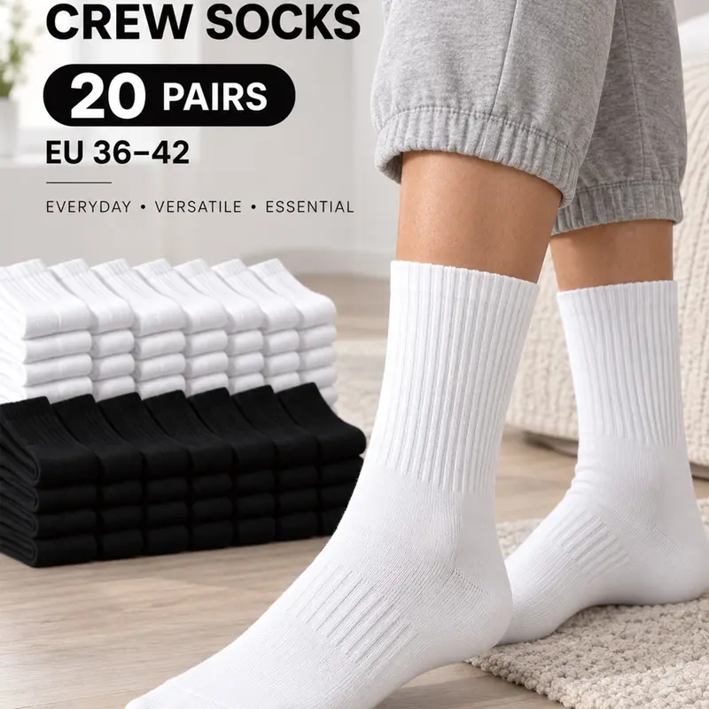 10/20 Pairs Plain Crew Socks for Women & Men, Unisex Slim-Fit Casual Minimalist Socks, Knitted Socks, Anti-slip Cuff, All-Season Comfortable Footwear for Daily Wear, Sports & Campus Use