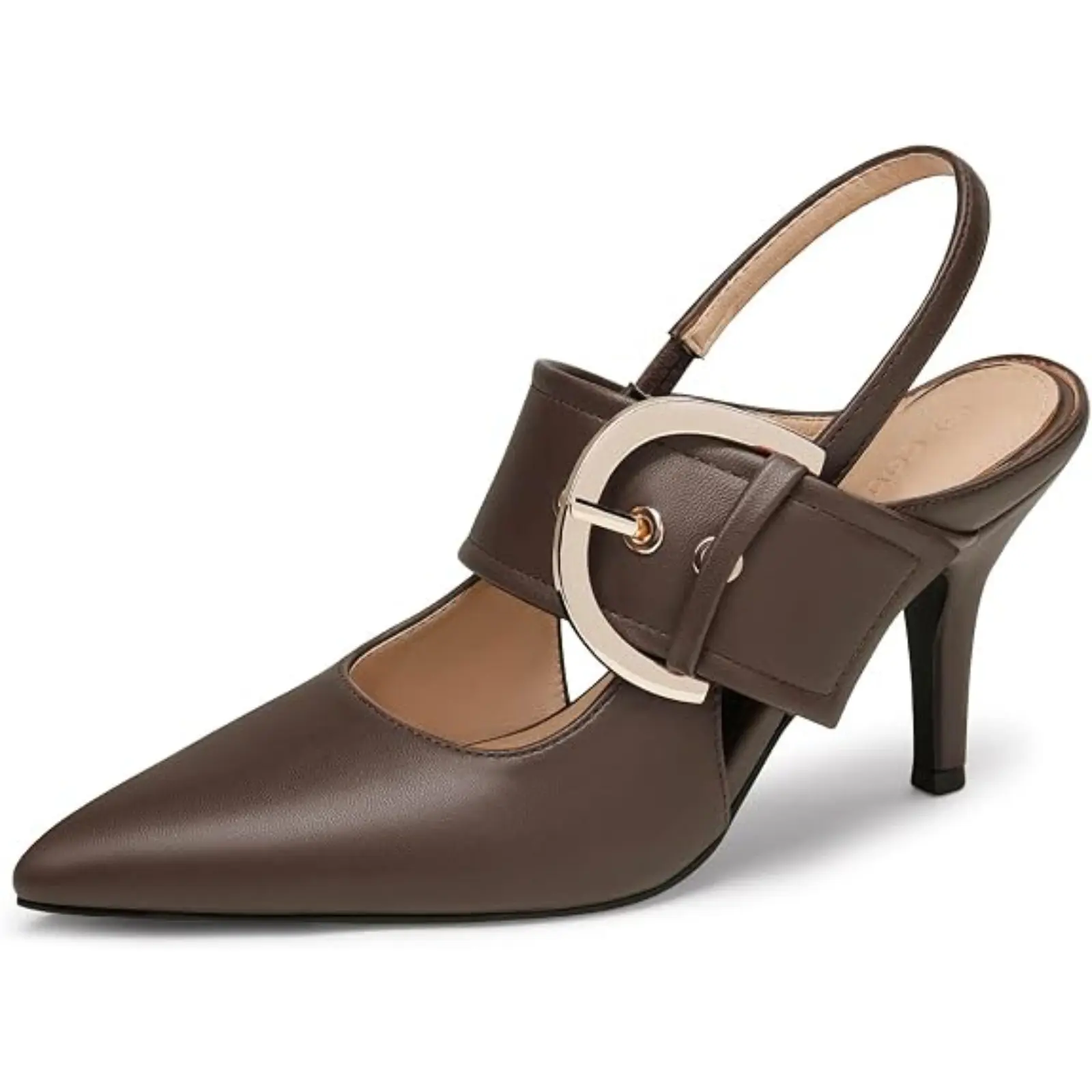 Coutgo Women's Chic Satin Basic Closed Pointed Toe Slingback Pumps - Less Than Ankle Block Heels (5-8 Cm) with Belt Buckle Strap, Bow, Breathable Rubber Sole, Daily Fashion Footwear for Errands, Evening, Work