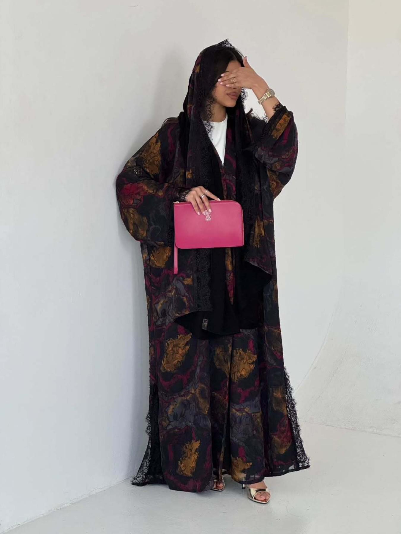 Women's Luxurious Lace Marble Print Robe, Elegant Open Front Kimono Style, Lace Trimmed, Muslim Modest Dress, Ramadan Eid Fashion