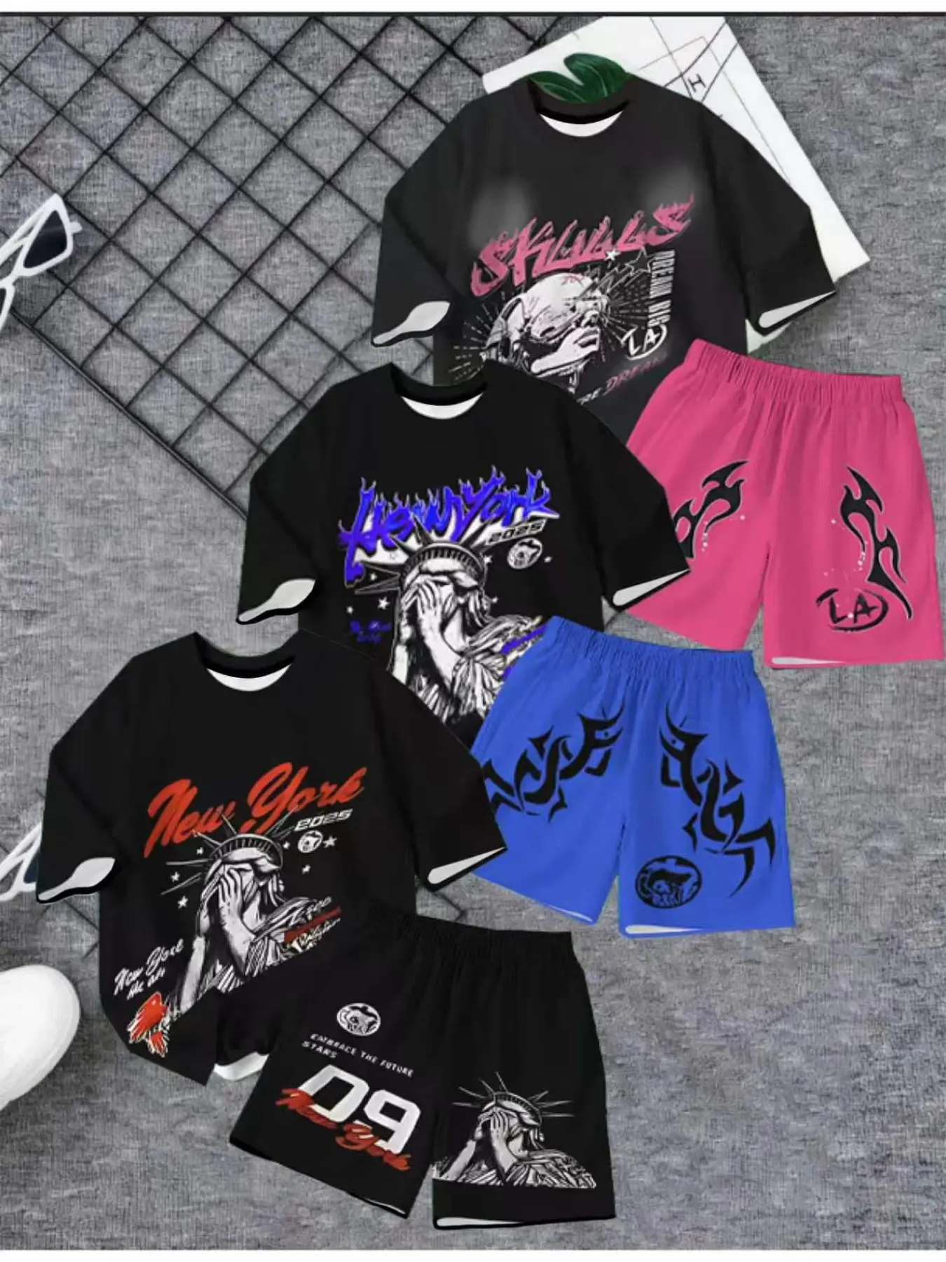 Summer American Liberty Print Short Sleeve Set, Unisex Street Graffiti T-Shirt, Loose Fit Quick-Dry Shorts, Casual Sporty Couple, Clothes