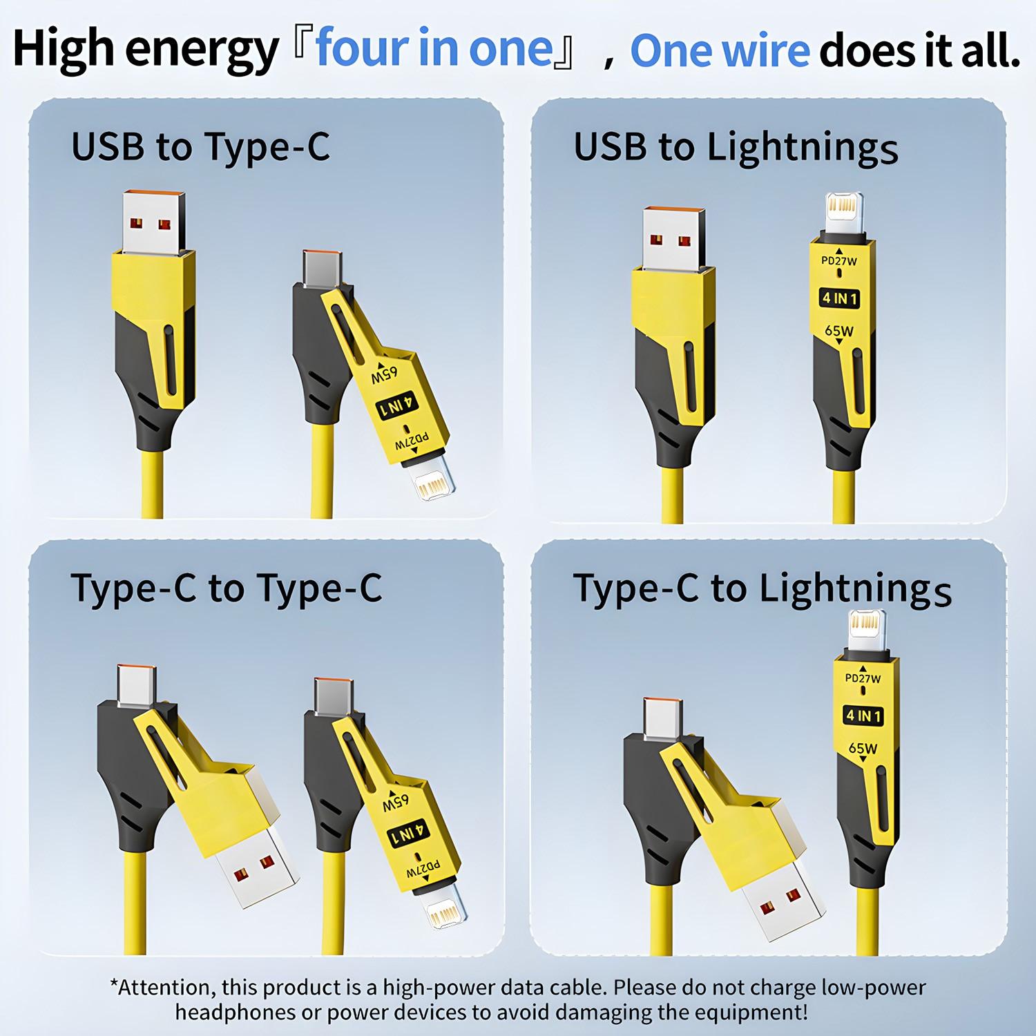 New 65w Multi-Function Retractable USB-C Cable, PD Fast Charging, Multiple Interface Compatibility, 4-In-1 Data Line Retractable Cable Design for iPhone 15 14 13 12