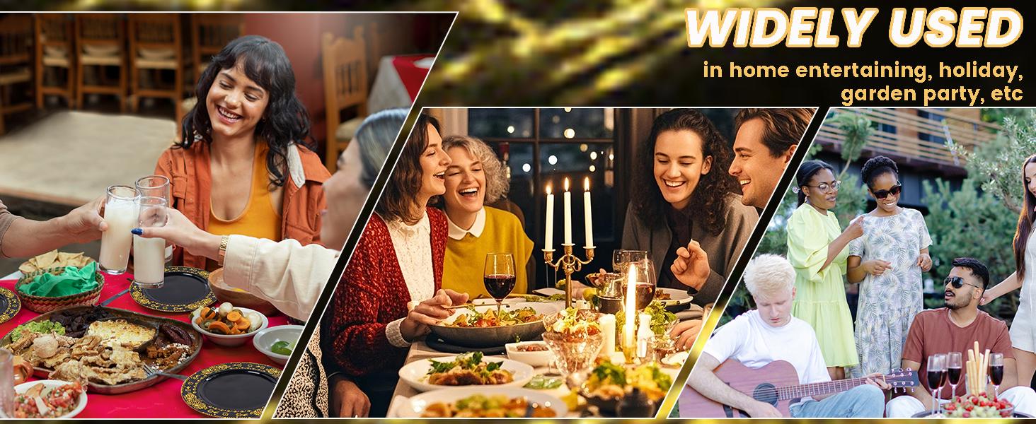350PCS Black and Gold - Gold Disposable Dinnerware Set Include 50 Dinner, 50 Dessert, 150 Gold Silverware, 50, 50 Cups for Wedding &