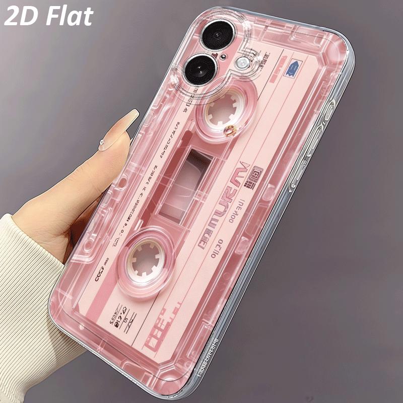 Phone Case: 2D Flat Cassette Tape Pink Transparent Phone Case, Suitable for iPhone 17 Air 16 15 14 13 12 11 Pro Max X XS XR XSMAX 7 8 6 6S Plus 16E, Creative TPU Durable Drop-Proof Transparent Protective Phone Cover, 2D Flat