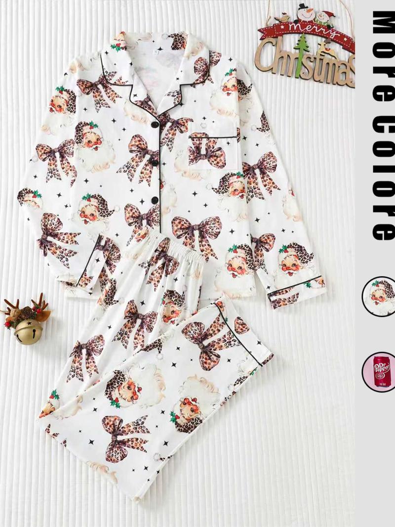 Women's Christmas Leopard Santa Claus Pajama Set, Long Sleeve Sleepwear & Pants, Elegant Fitted Nightwear for All Seasons