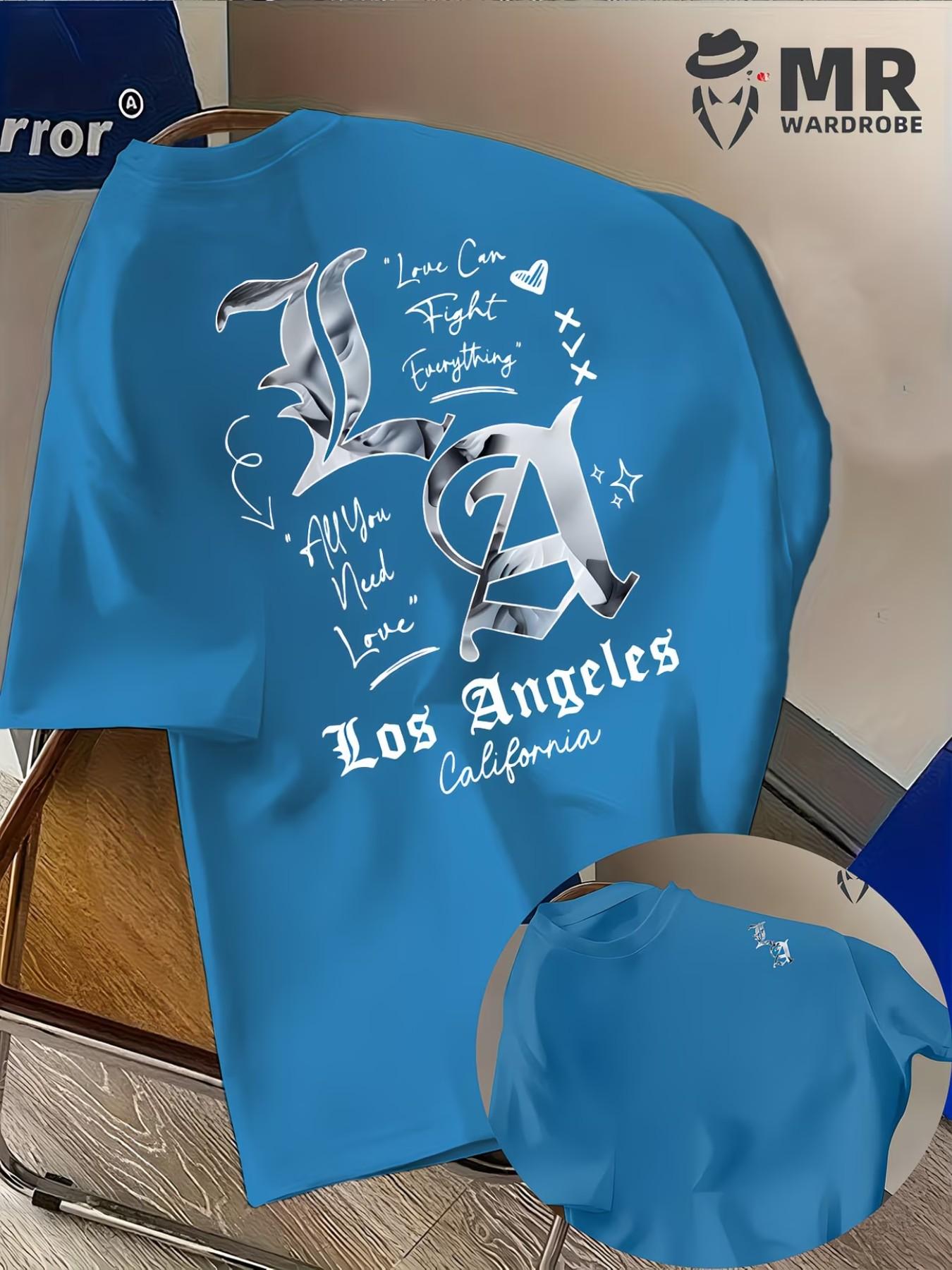 Men's La Pattern T-Shirt, Deep Star Letter Print, Lightweight Summer Casual Top, Street Style, Comfortable Fabric