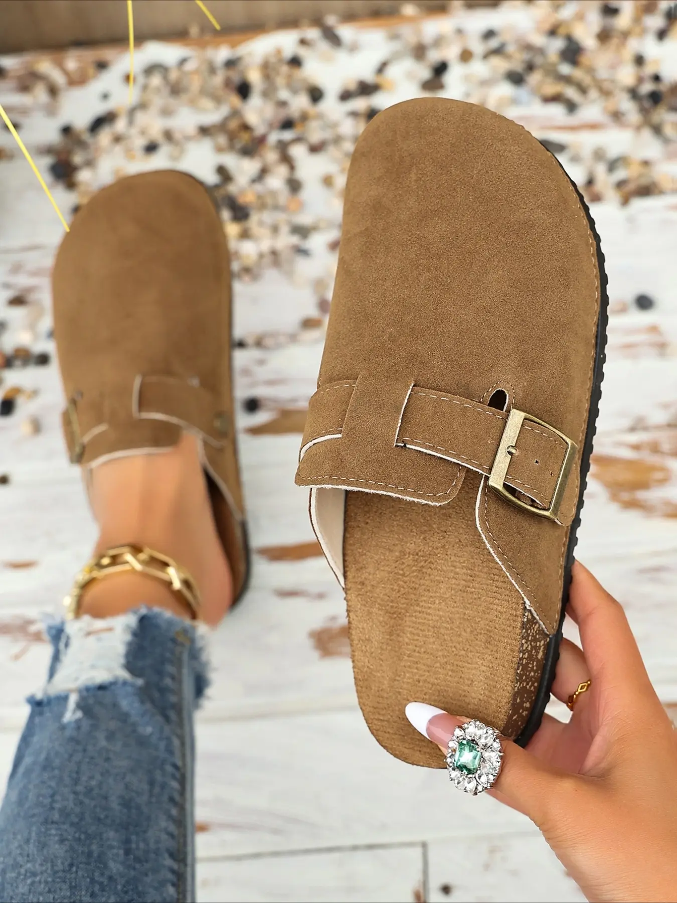 Women's Vintage Suede Clog Mules, Closed-Toe Slip-On with Metal Buckle, Cork Flat Sole, Casual Shoes for Everyday Wear