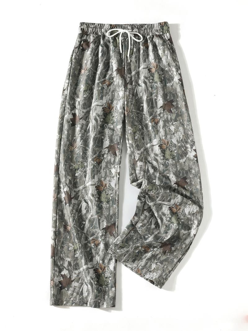 Women's Camo Wide Leg Pants with Pockets, Loose-Fit Drawstring Waist, Casual Fashion for Spring Summer Fall, Adult Clothing