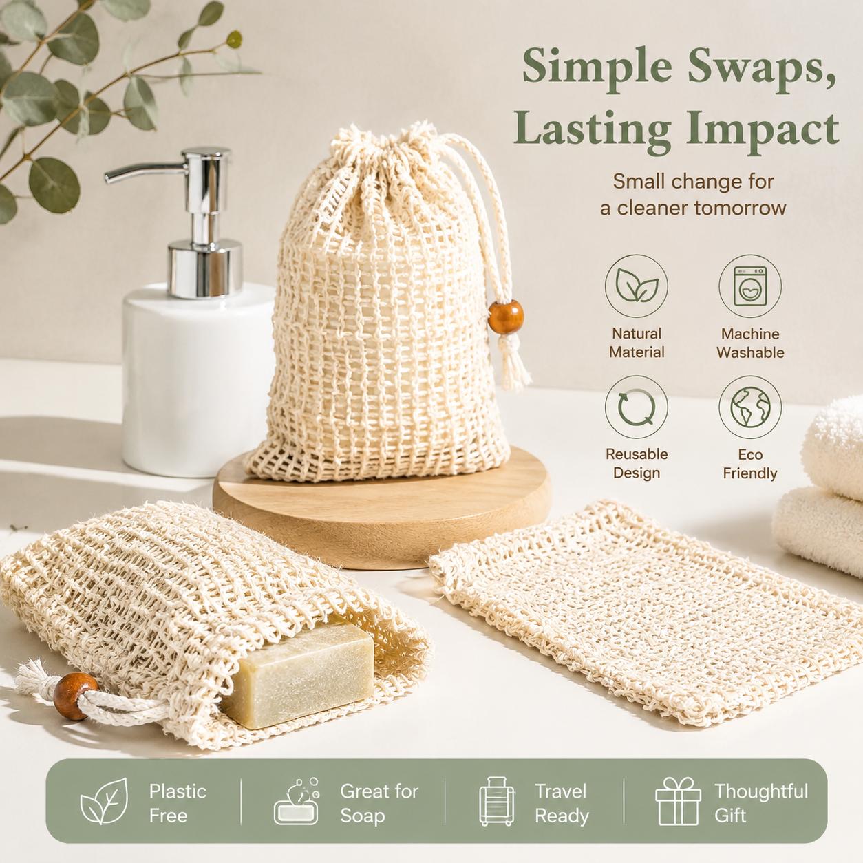4-Pack Natural Sisal Bath Soap Bags, Plastic-Free Biodegradable Shower Scrubber Pouches - Gentle Exfoliation, Efficient Lathering Soap Cleansing, Quick Drying, Waste Reduction Set Pack, Accessories, Four Pieces
