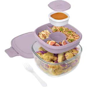 Glass Salad Container - 7.6-Cup Salad Bowl with Airtight Lid, Leak-Proof Sauce Container, 4-Compartment Bento Tray & Reusable Fork - BPA-Free for Meal Prep, Office & More (Lavender)