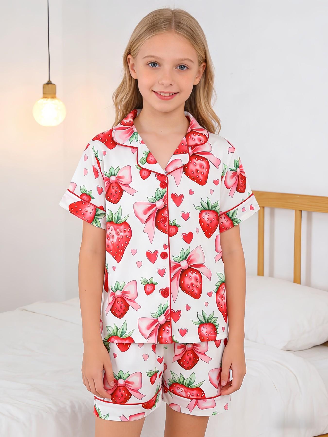 2-Piece Kids Pajama Set, Casual Strawberry Bow Heart Pattern, Fashion Open-Cardigan Short Sleeve Top and Shorts, Flame-Retardant Knit, All Seasons
