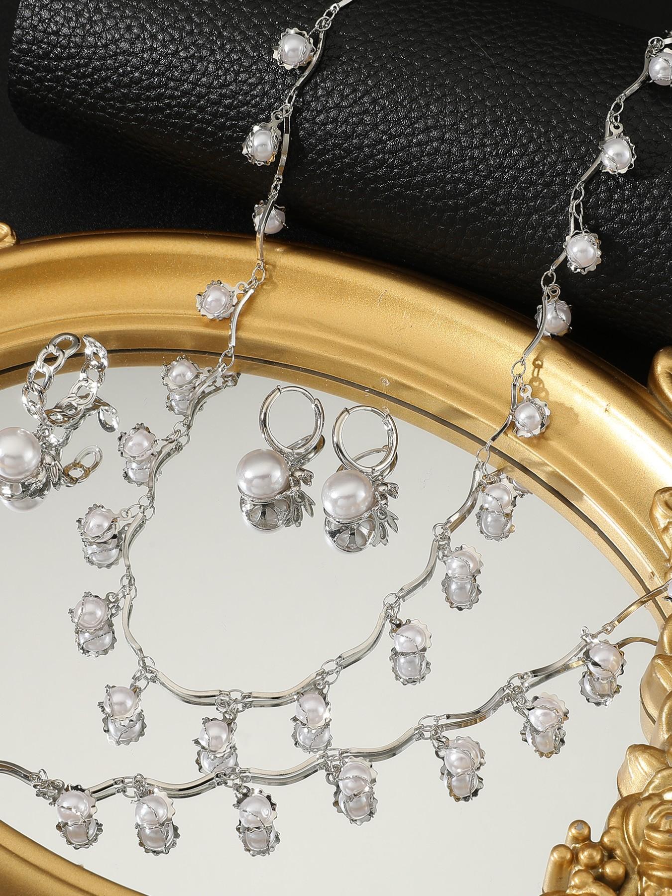 3 Piece Pearl Zircon Wave Necklace Set, Elegant Ladies' Delicate Collar Chain, Wedding Party Jewelry, Birthday Gift