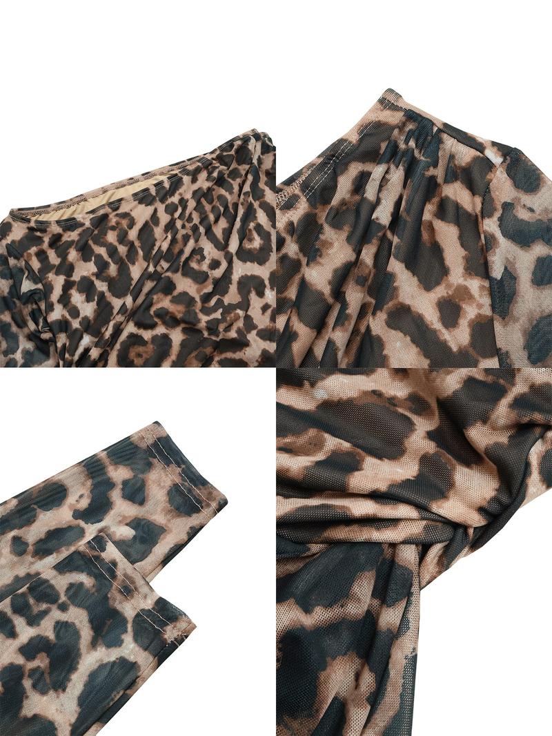 Women's Leopard Print Maxi Dress, Elegant Long Sleeve Ruffle Design, High-Waisted Slim Fit, All-Season Fashionable Women's Clothing