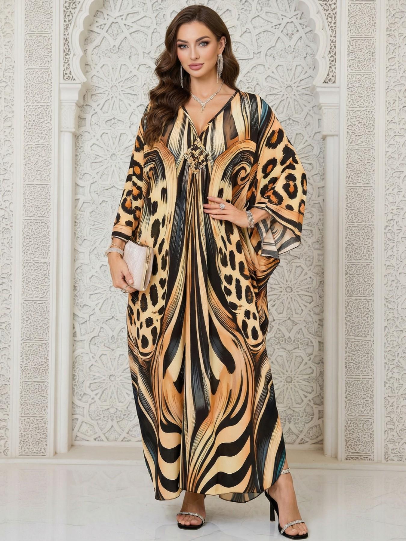 Women's Leopard Print Batwing Sleeve Split Hem Kaftan Dress, Casual Modest Style V-Neck 3/4 Sleeve Long Dress for Fall & Winter, Women's Islamic Clothing for Daily Wear Women's Leopard Print Batwing Sleeve Split Hem Kaftan Dress, Casual Modest Style V-Neck 3/4 Sleeve Long Dress for Fall & Winter, Women's Islamic Clothing for Daily Wear