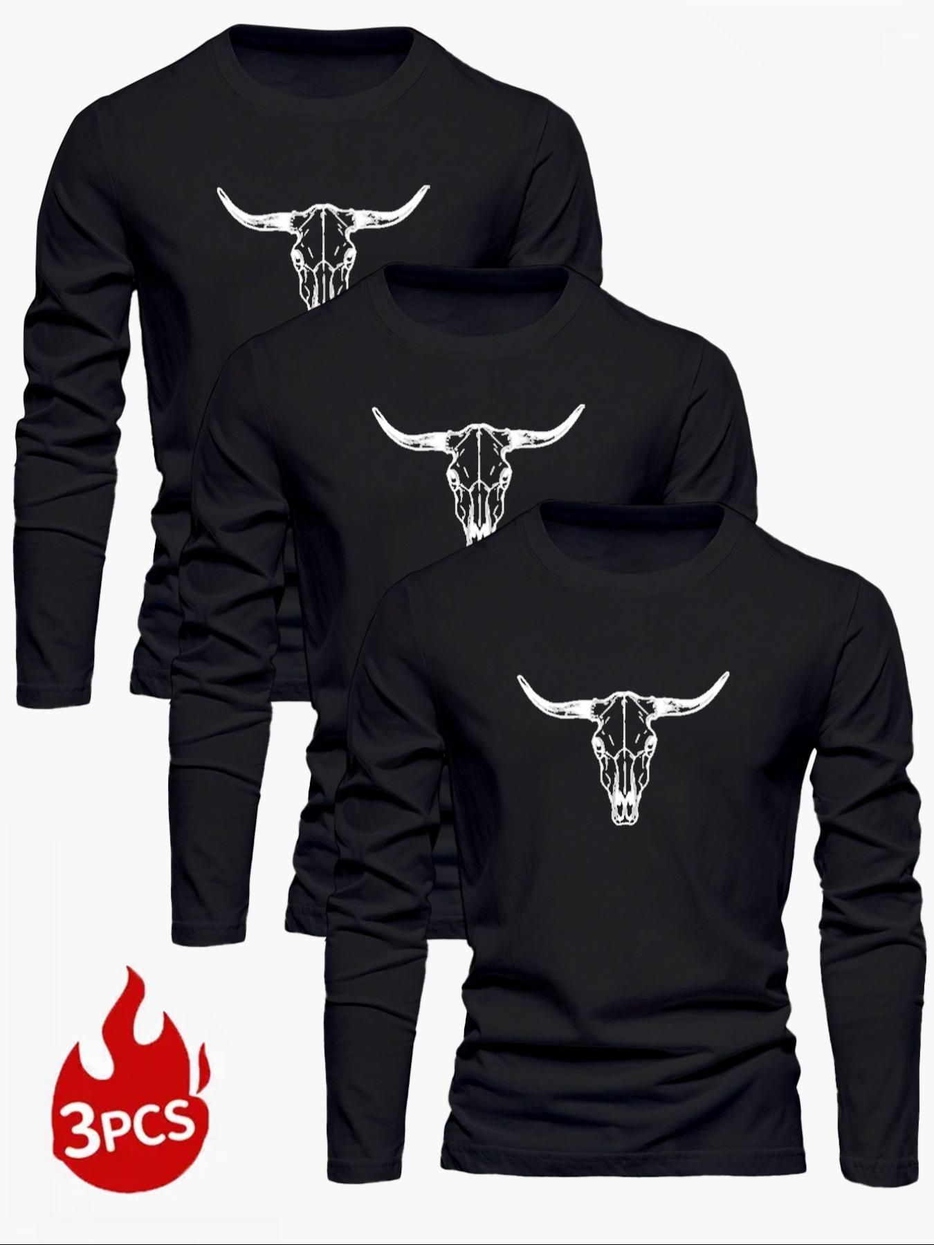 Men's 3-Piece Knit Bull Print Round Neck Long Sleeve T-Shirt Set, Graphic, Fitted Casual Fashion, Soft Handfeel, Comfortable Streetwear