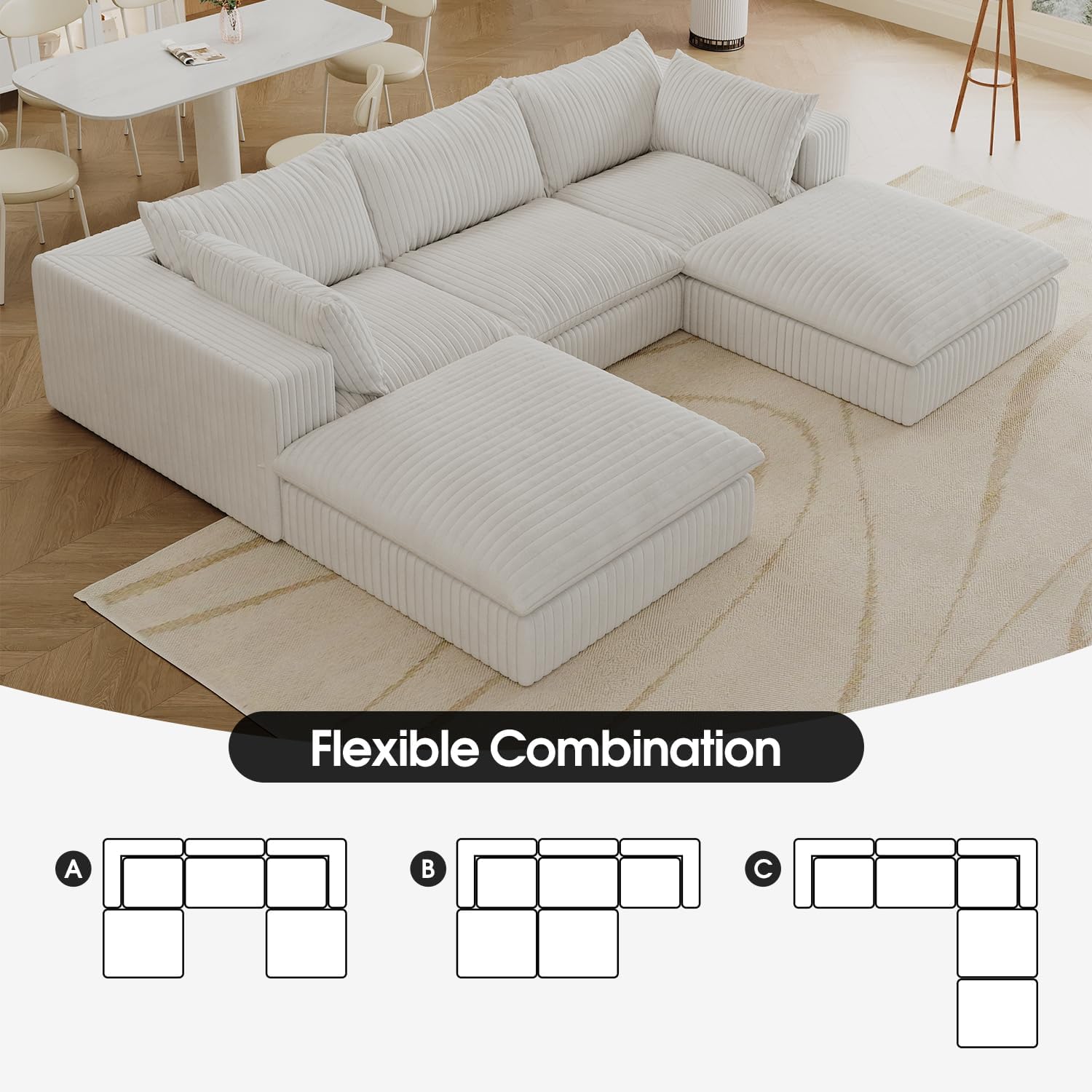 118" Corduroy Modular Sectional Sofa Couch, Oversized 3-Seater Cloud Boneless Couches with Removable Cushion & 2 Ottoman, No Assembly Required, U Shape Deep-Seat Fluffy Couches for Living Room, Compression, Free Combination, Throw Pillow, Luxurious
