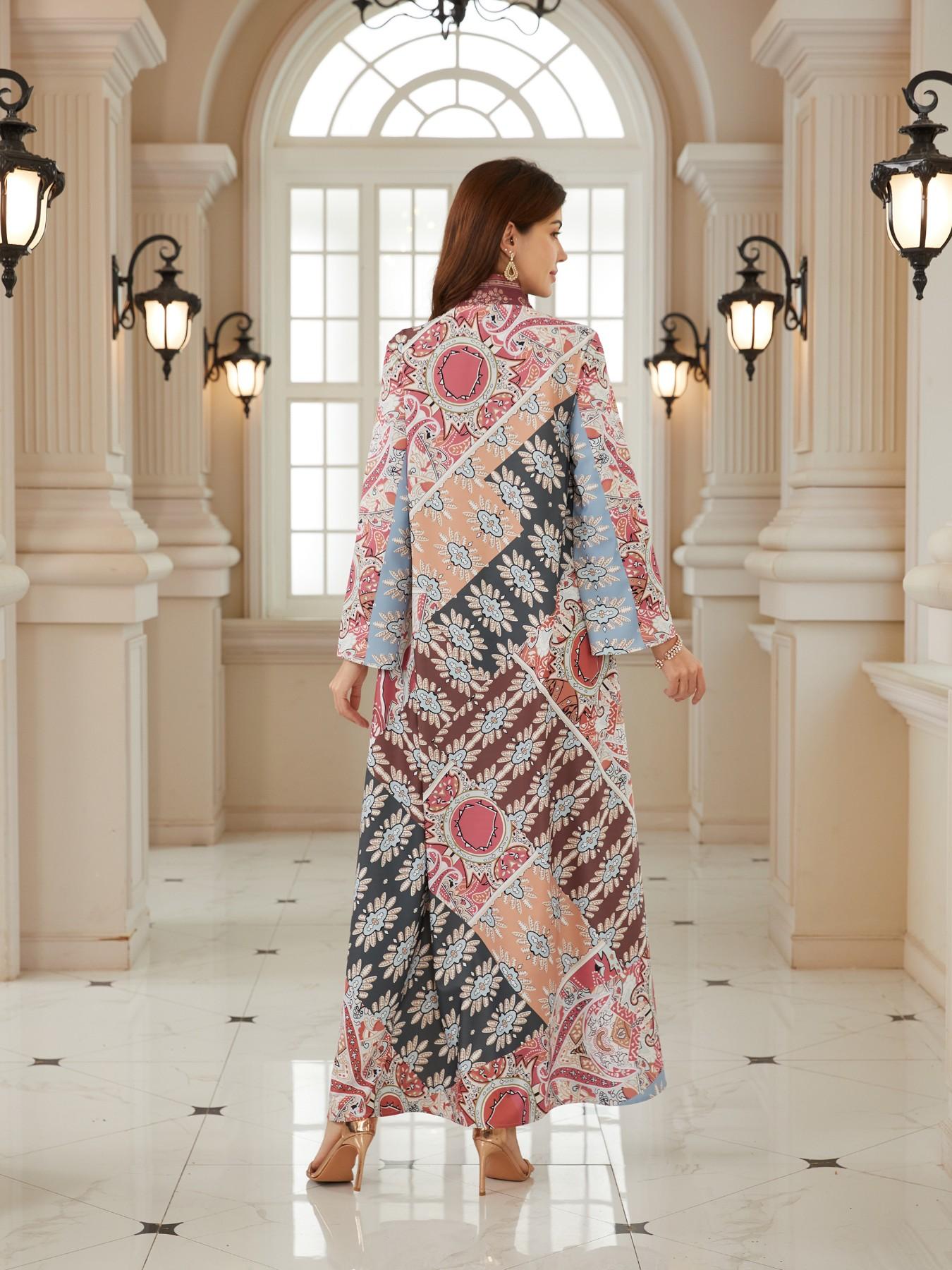 Women's Vintage Floral Totem Print Embellished Robe, Dubai Style Kaftan Evening Gown, Eid Al Fitr Abaya