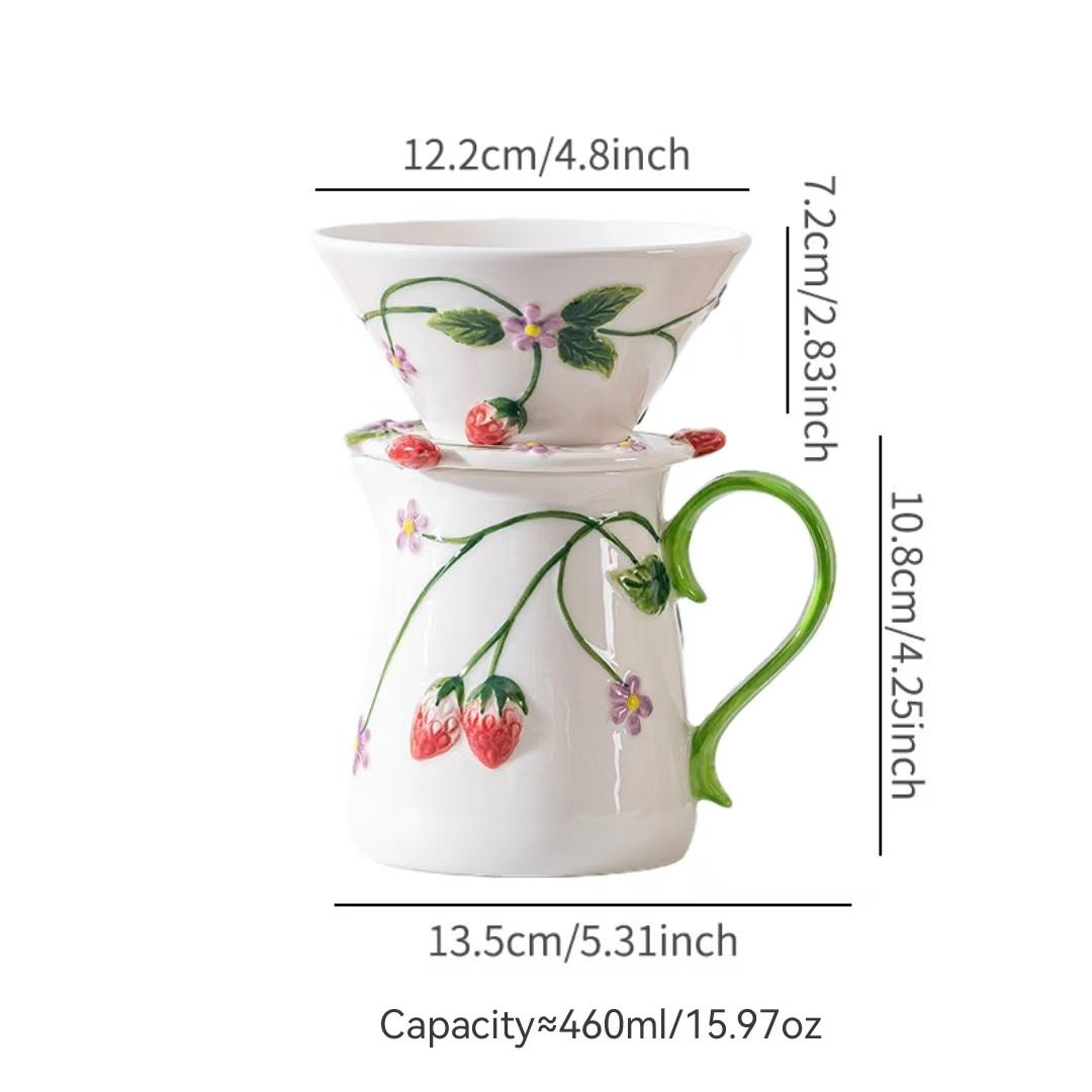 Strawberry Ceramic Hand-Crank Coffee Grinder Set, Home Manual Pour-Over Coffee Maker, Milk Jug, Cup & Saucer Series