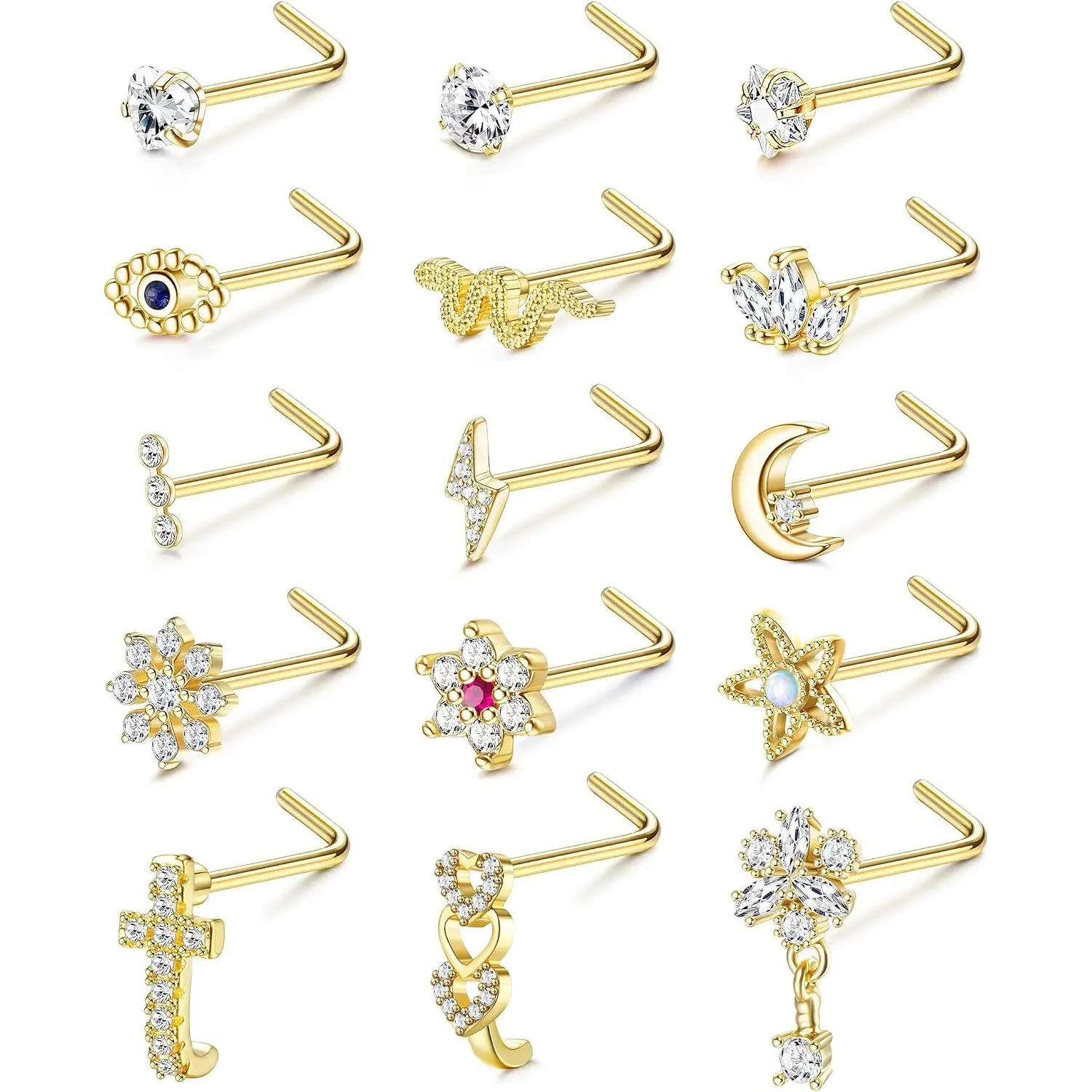 15 Pcs 20G Stainless Steel L‑Shape Nose Studs Set, Eye Flower Snake Flash Design Nostril Piercing Jewelry Unisex Nose Ring Kit for Women Men