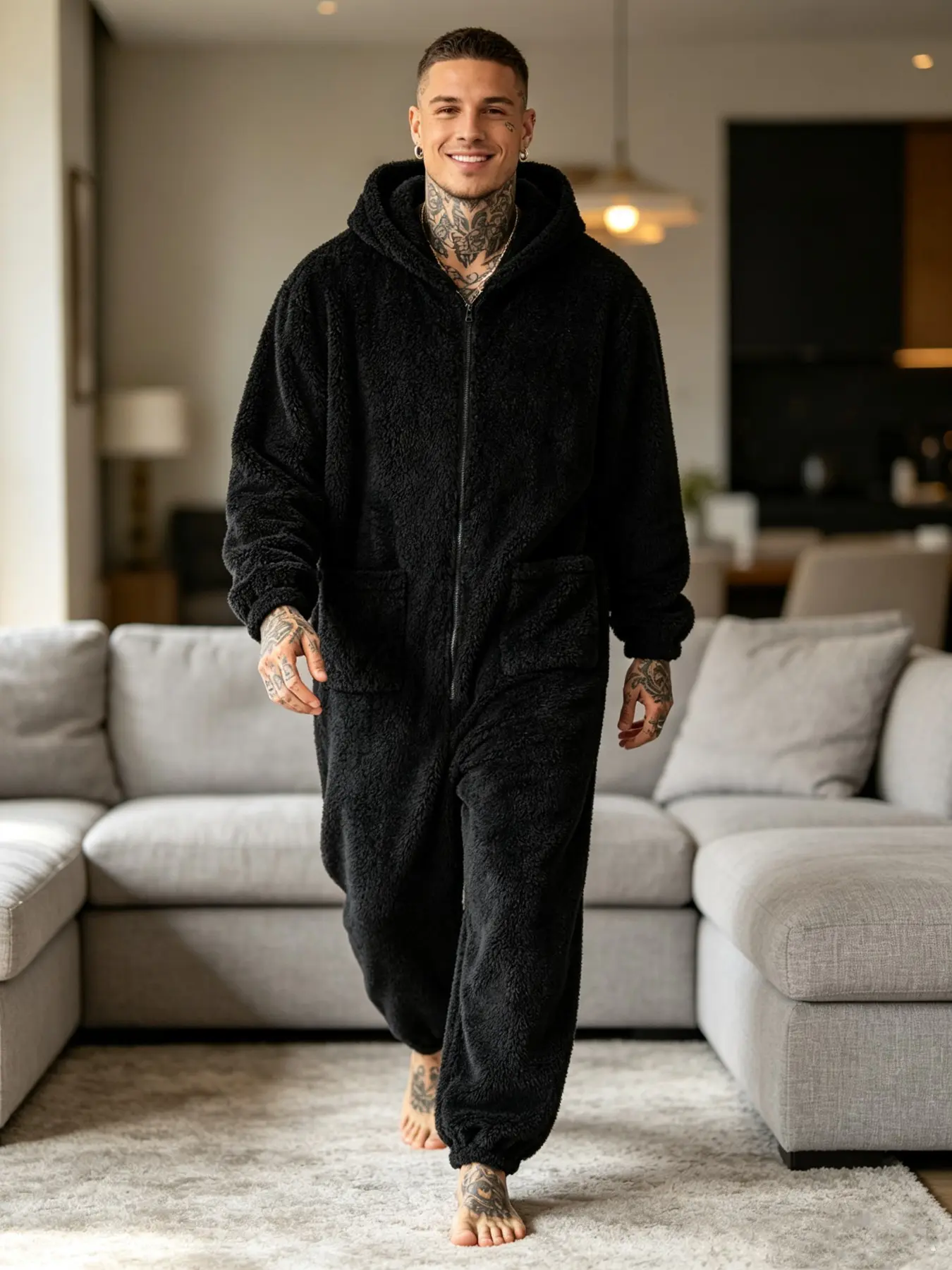 Men Hooded Sherpa Fleece Onesie Jumpsuit, Full Zip Pajamas with Pockets, Soft Warm Loungewear for Fall Winter Home Wear