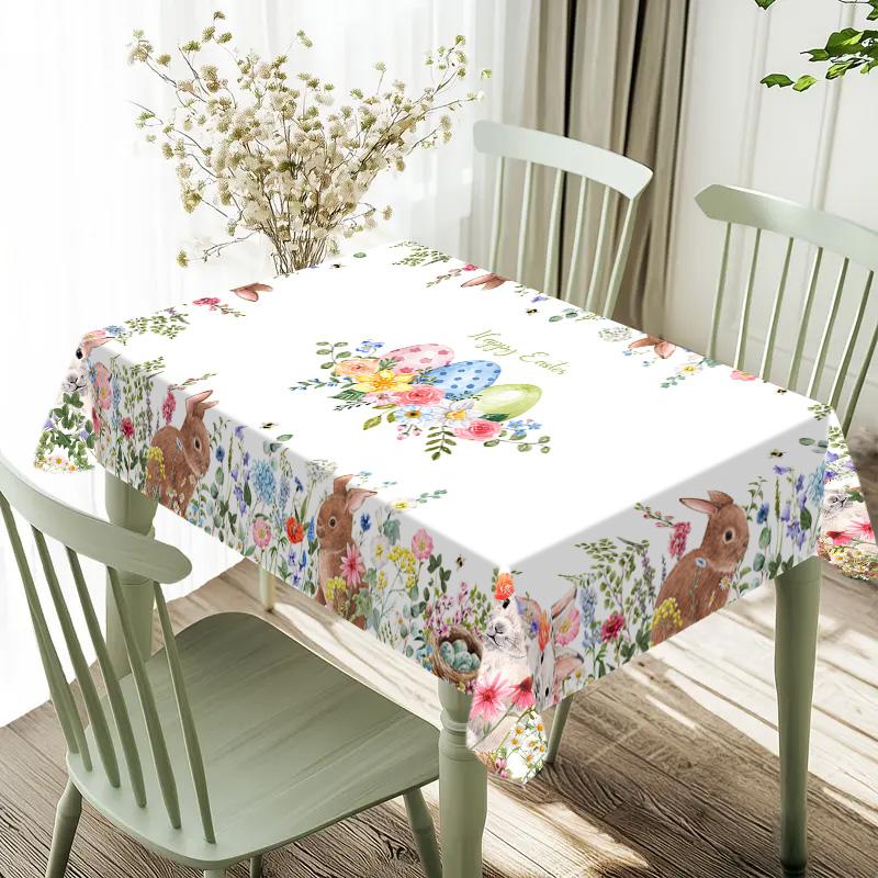 Rectangular Easter Tablecloth, Cartoon Rabbit & Egg Design, Spring/summer Floral Pattern, Perfect for Holiday/easter Decorations