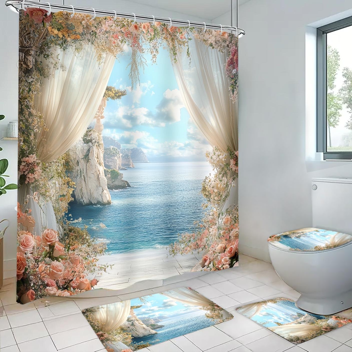 Romantic Sea View Pattern Bathroom Decorations, Including Shower Curtain & Toilet Lid Cover & U-shape Mat & Rectangle Mat, Bathroom Accessories for Home Decor
