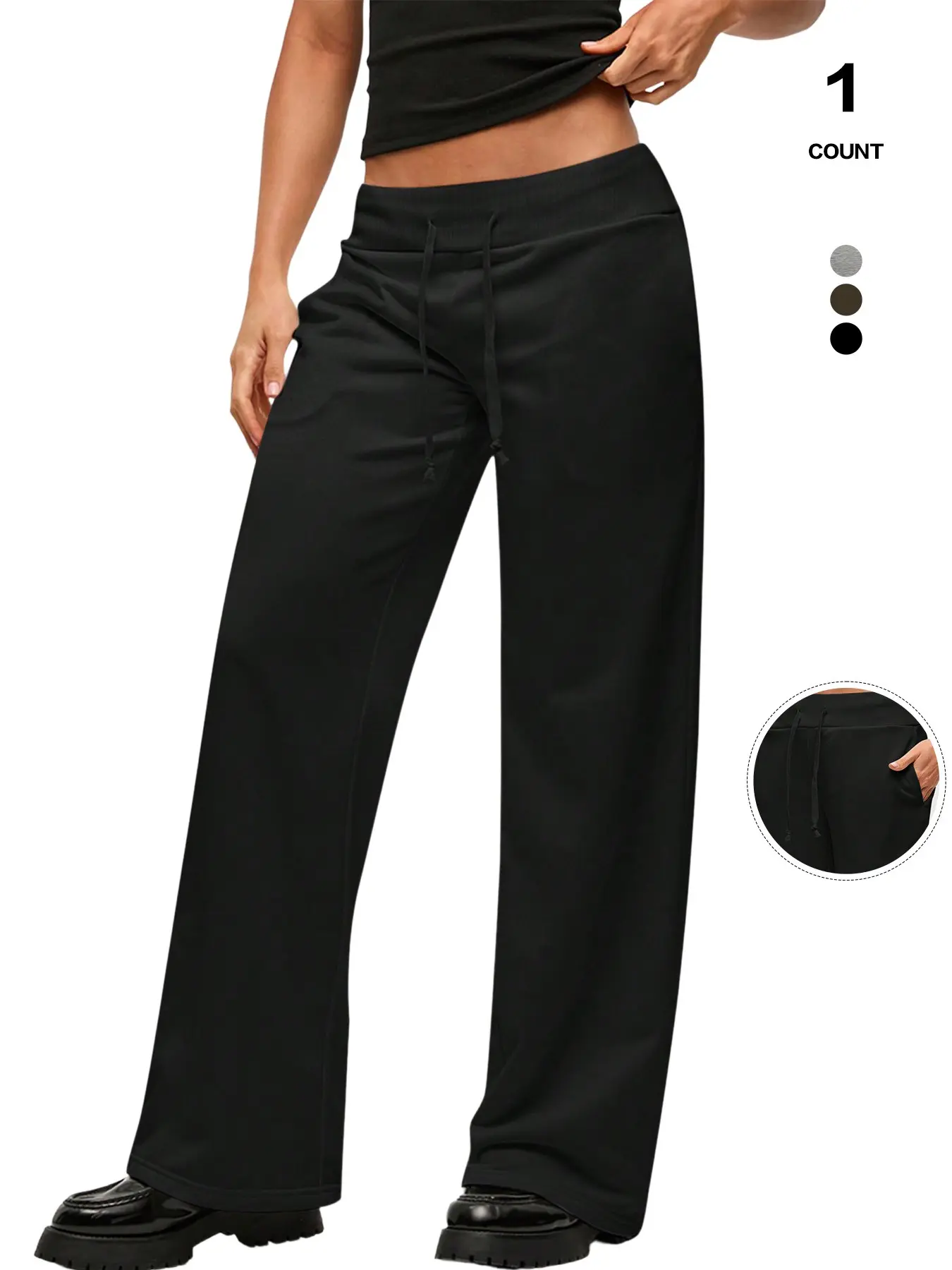 Women's Wide Leg Sweatpants, Fall Winter Drawstring Casual Lounge Pants, High Waist Elastic Waist, Ankle Length, with Pockets