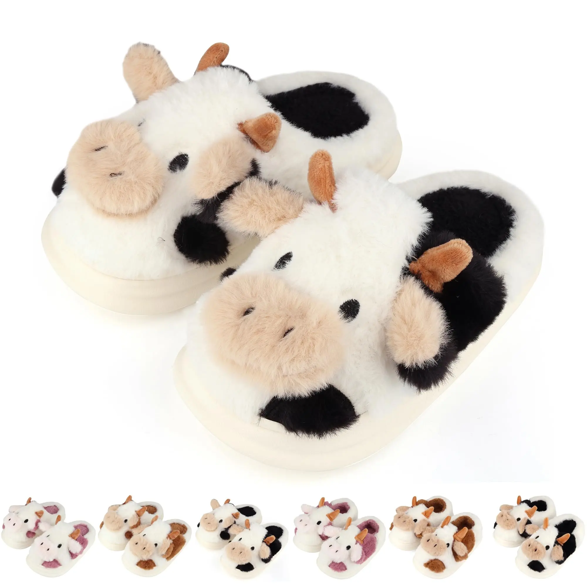 Unisex Cow Animal Print Slip-On Slippers, Cute Round Toe Fabric Slippers with Memory Foam, Plush Warm Indoor-Outdoor Footwear (Root Included/No Follow-Up)