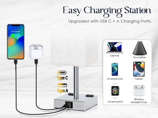 Touch Control Bedside Lamp - 3 Way Dimmable with USB C+A Charging, AC Outlets & LED Bulb Included nightstand lamp lamps Lighting Home Modern room stuff Bedroom Decorative