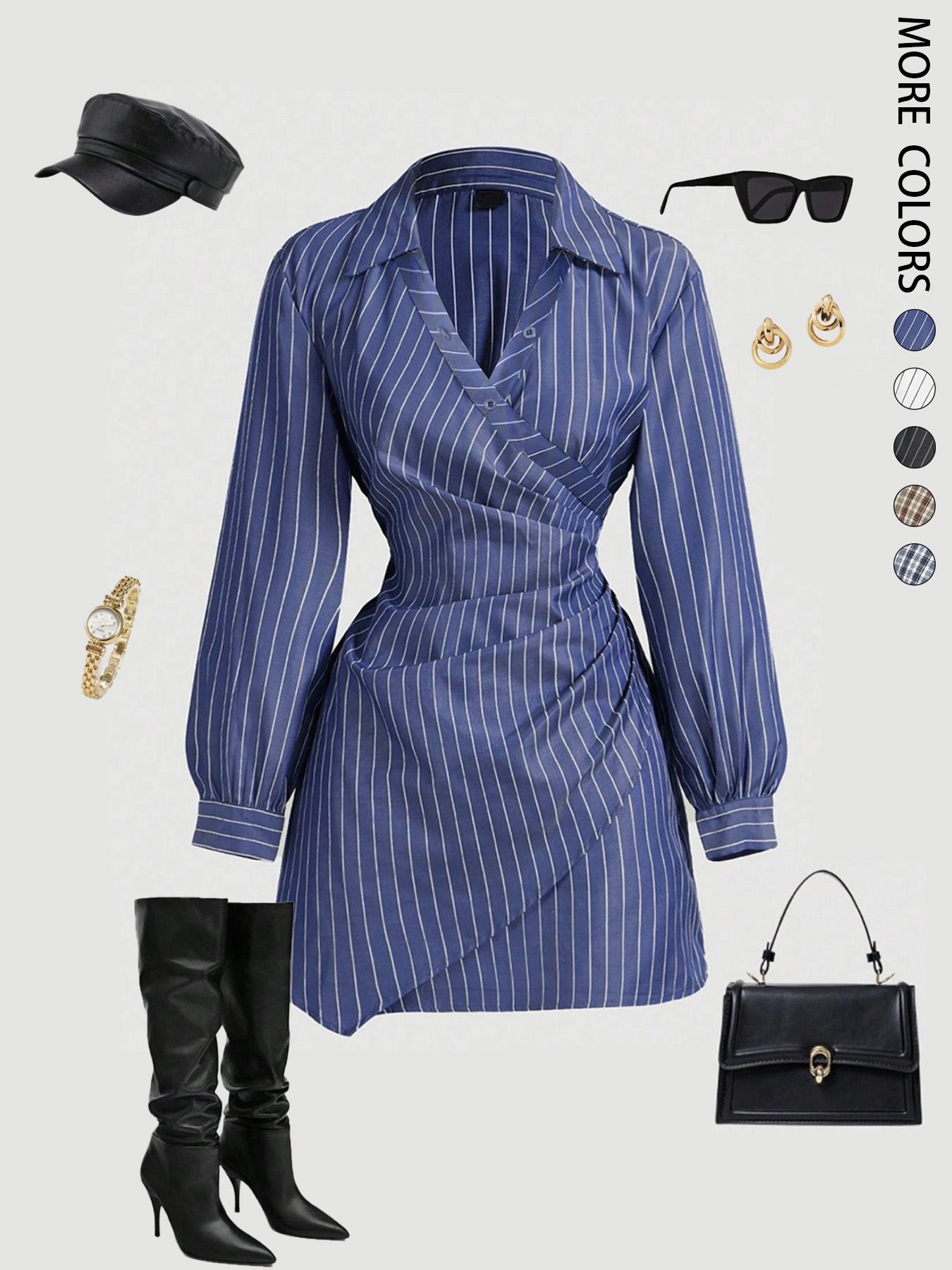 Women's Plaid Print V-Neck Lantern Sleeve Ruched Fitted Mini Dress, Suitable For Work, School, Casual Wear, Fall Clothes For Women,Shirt Dress,Brown Plaid,Office Outfit,Long Sleeves,Fitted Waist Stripe Print Dress，Irregular dress, Striped