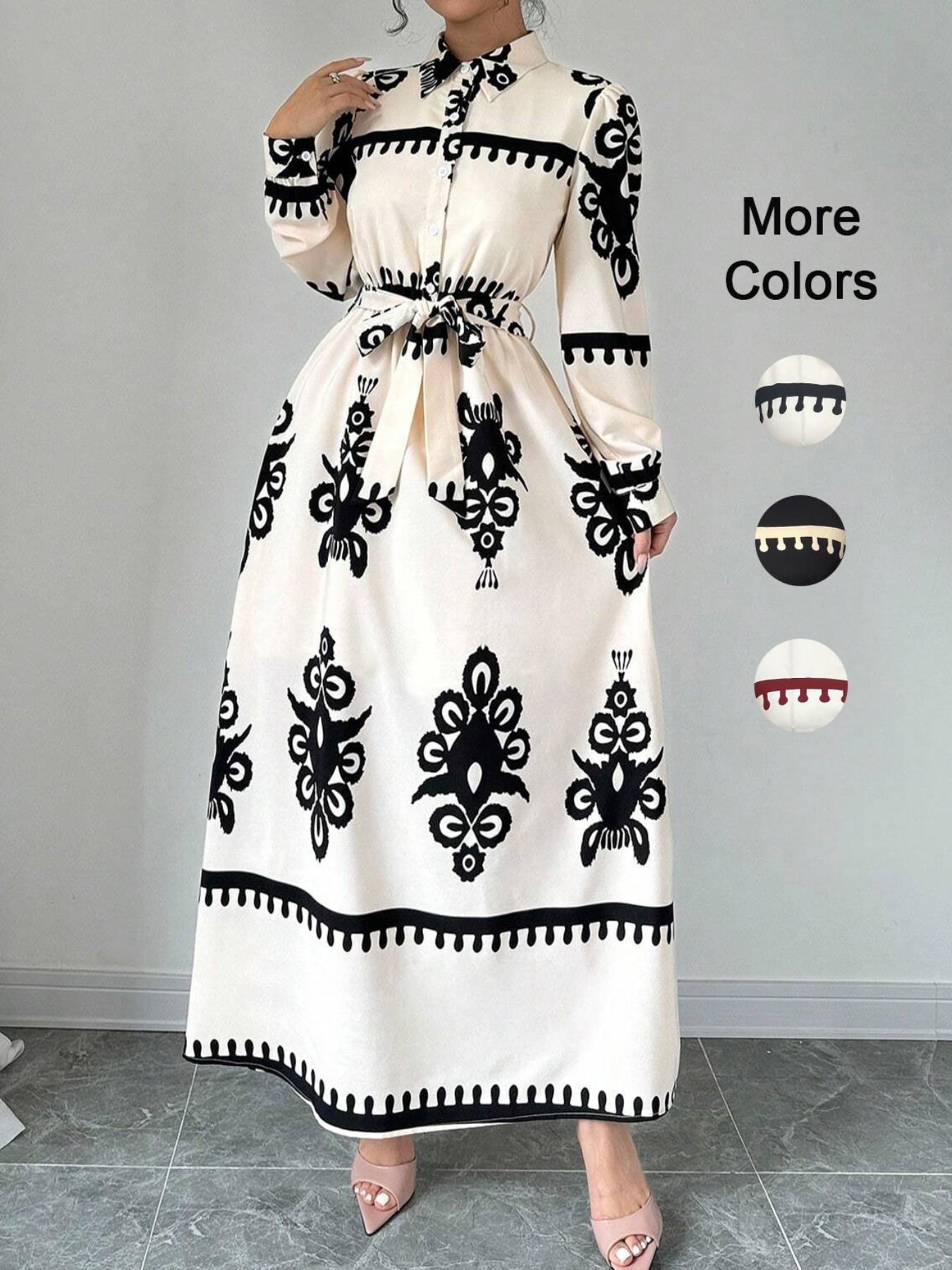 Women's Fashion Commuter Long Sleeve Button Front Fitted Shirt Dress with Belt, Classic Design, Geometric Pattern, Spring & Fall