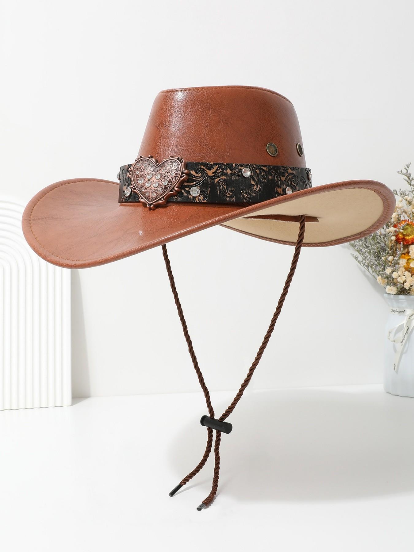 Vintage Heart-Shaped Rhinestone Leather Classic Cowboy Hat, Western Paisley Pattern Sun Hat, Unisex Daily Wear Party Cap