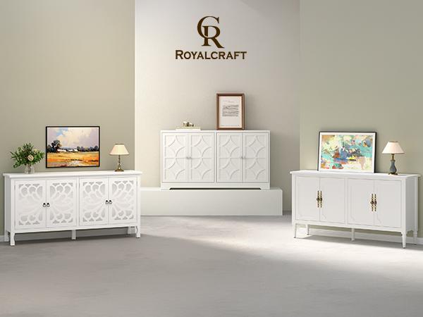 RoyalCraft Carved Sideboard Cabinet with Storage, 63'' Modern Buffet Cabinet with Mirrored Door and Adjustable Shelves, Accent Cabinet for Entryway, Dining Room, Living Room, Kitchen, Bathroom