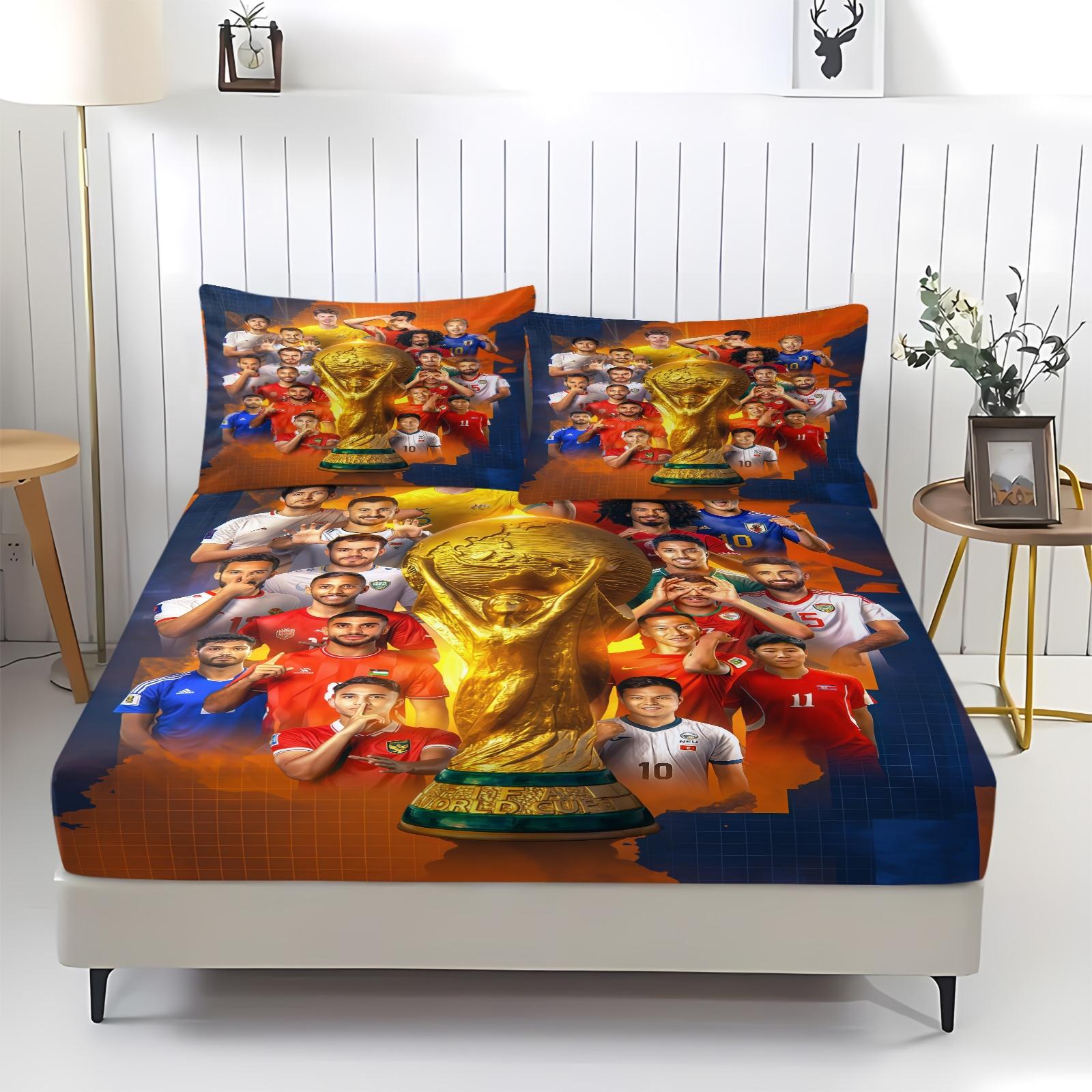 3-Piece World Cup Pattern Fitted Sheet Set, Soft And Durable Bedding Set, Including 1 Piece Flat Sheet And 2 Pieces Pillowcases, Daily Holiday Birthday Gift Bedroom Decorations For Kids And Adults