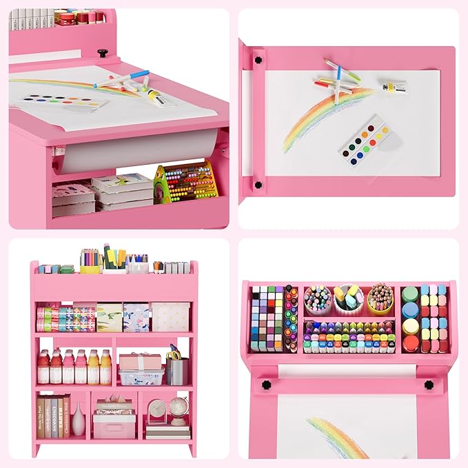 49" Art Table, Large Craft Table with 2 Chairs, Multi-Functional Art Desk with Storage Shelves for  Playroom,School