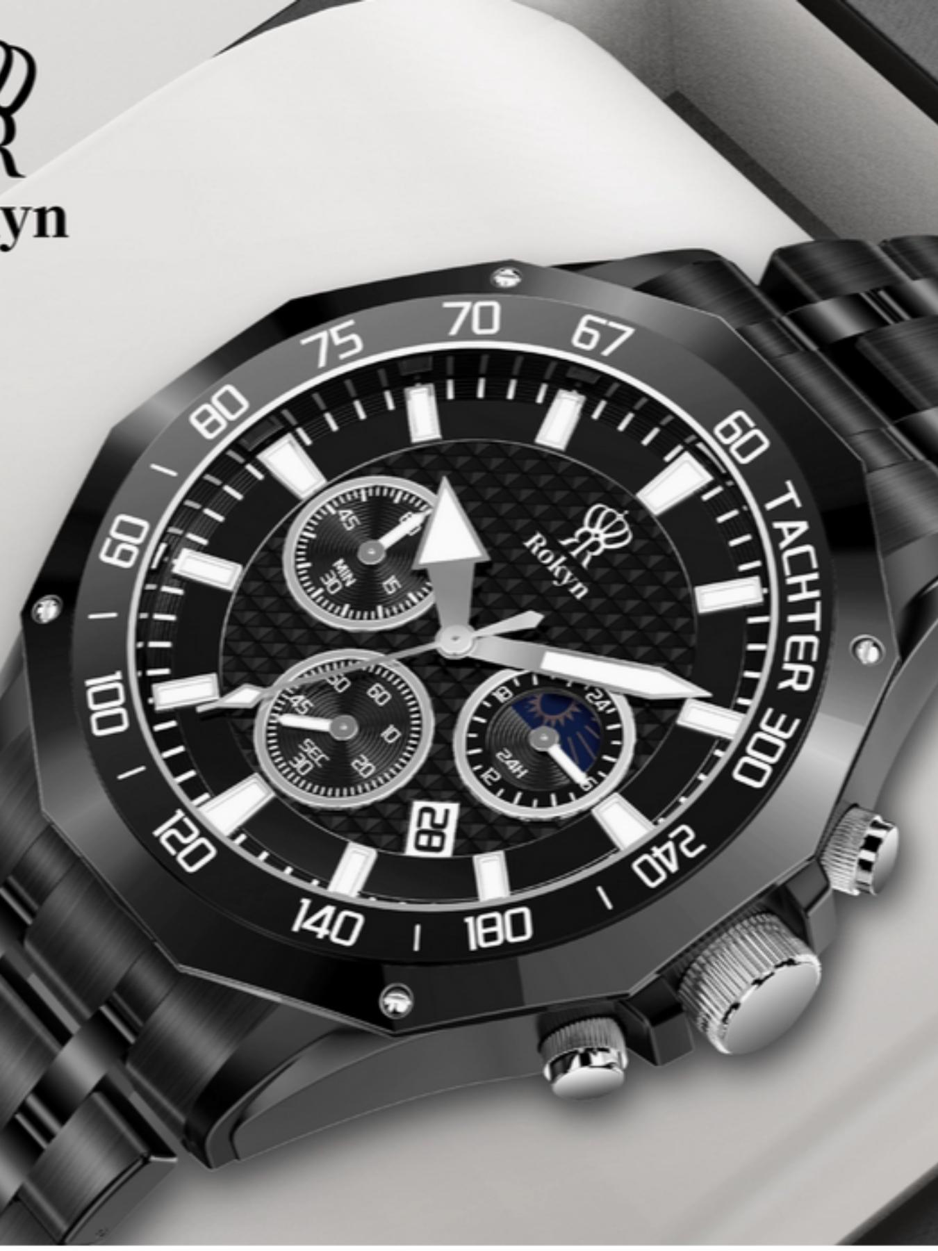 Rokyn Multifunctional Steel Band Quartz Watch, Waterproof Night Glow Moon Phase Timer, Men's Three Eye Six Needle Wristwatch