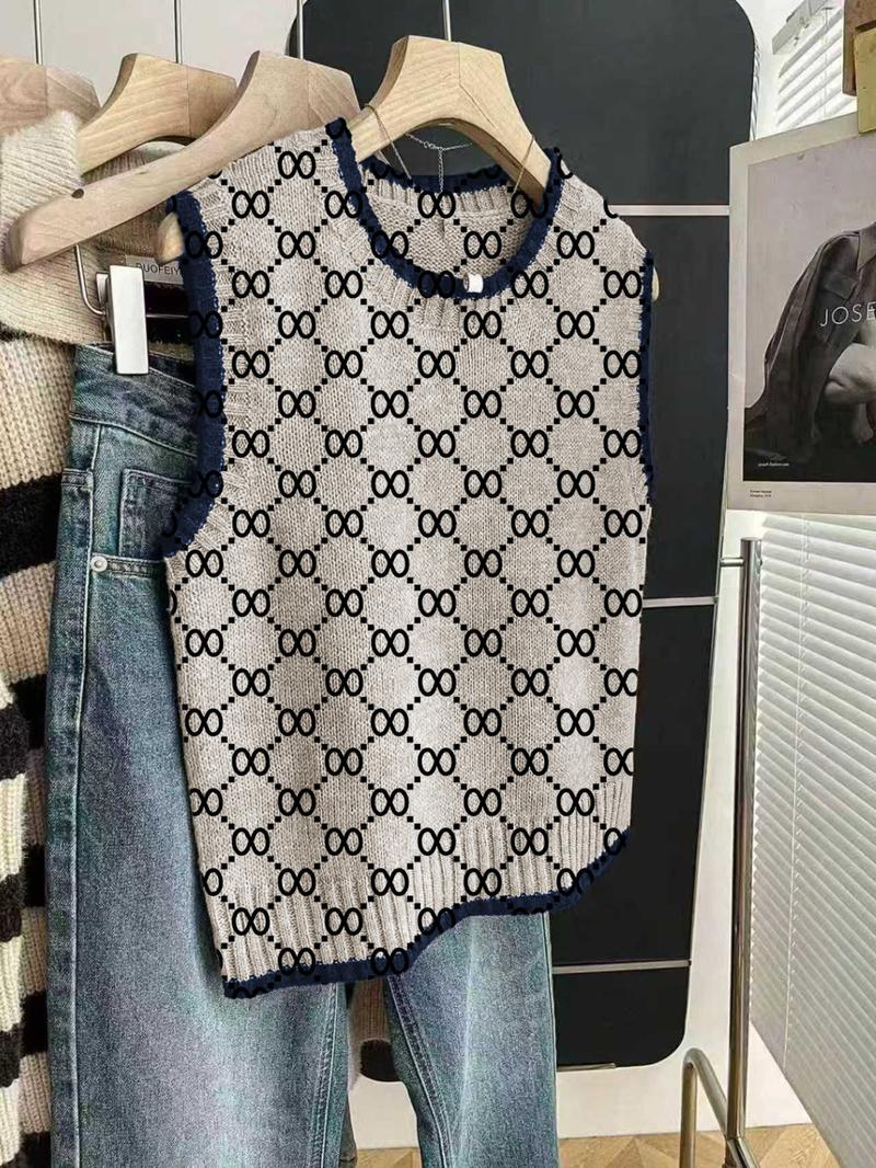Women's Casual Loose-Fitting Round Neck Sleeveless Knit Top, Colorblock Deep Blue Edging Grid Print, Fall Winter Fashion