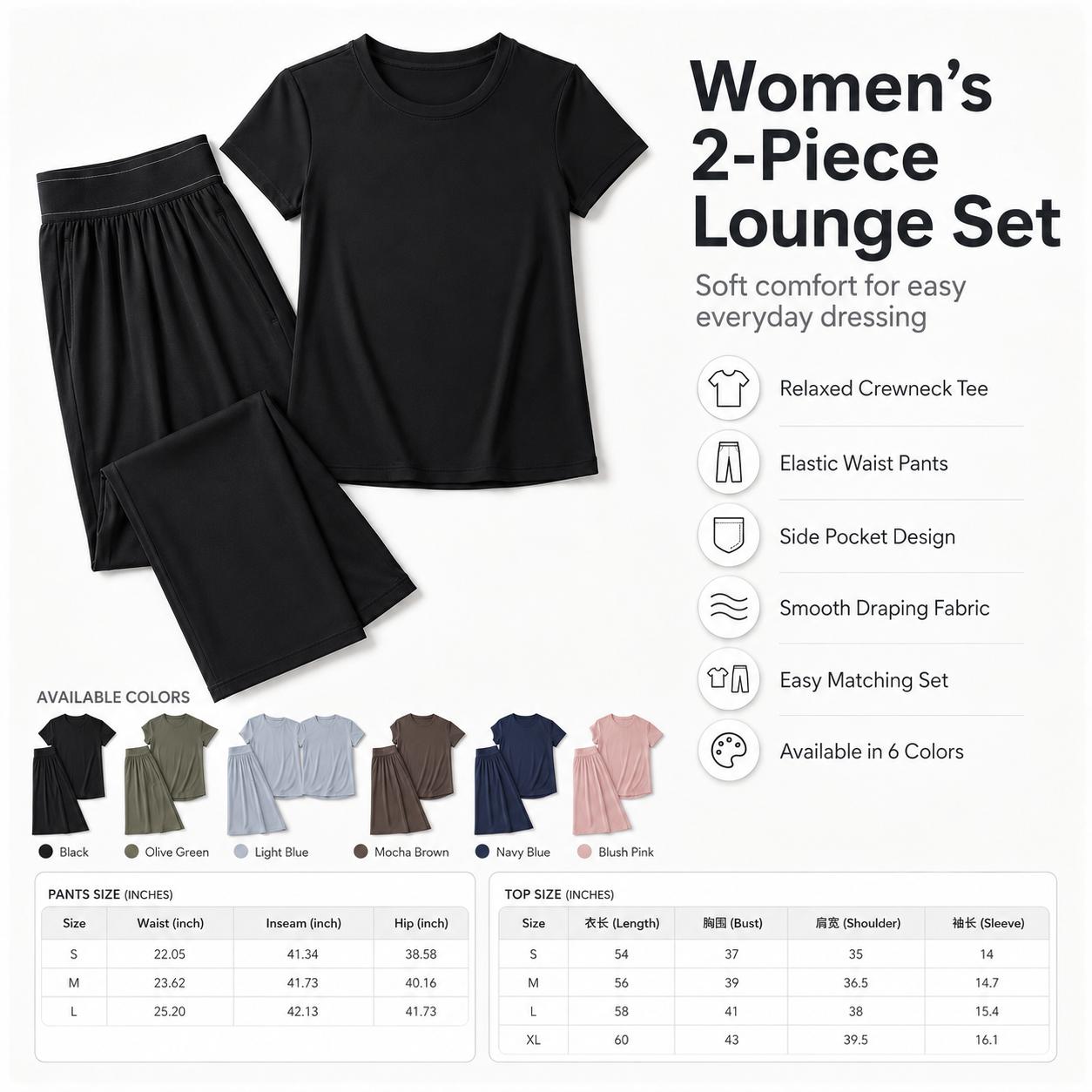 Women Dusty Pink 2 Piece Loungewear Matching Set, Crew Neck Short Sleeve Curved Hem T-Shirt + High Waist Elastic Pleated Wide Leg Pants With Side Pockets Soft Stretchy Knit Casual Daily Outfit