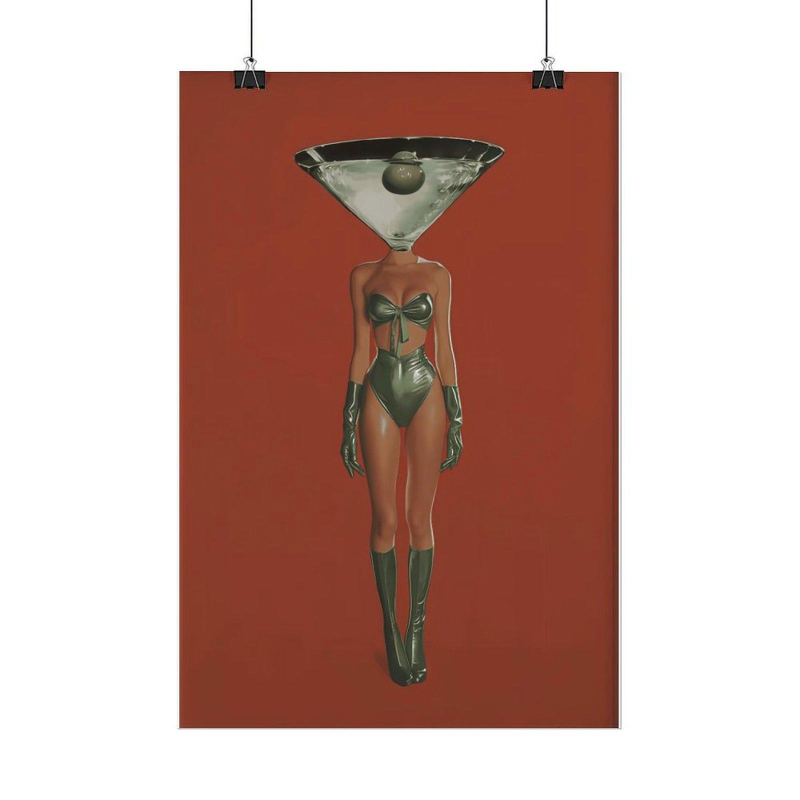 Vintage Dirty Martini Cocktail Print - Retro Bar Cart Decor, Red Wall Piece with Woman & Retro Drink, Aesthetic Canvas Poster for Bedroom, Funky Home Decor, Anime Wall Accent