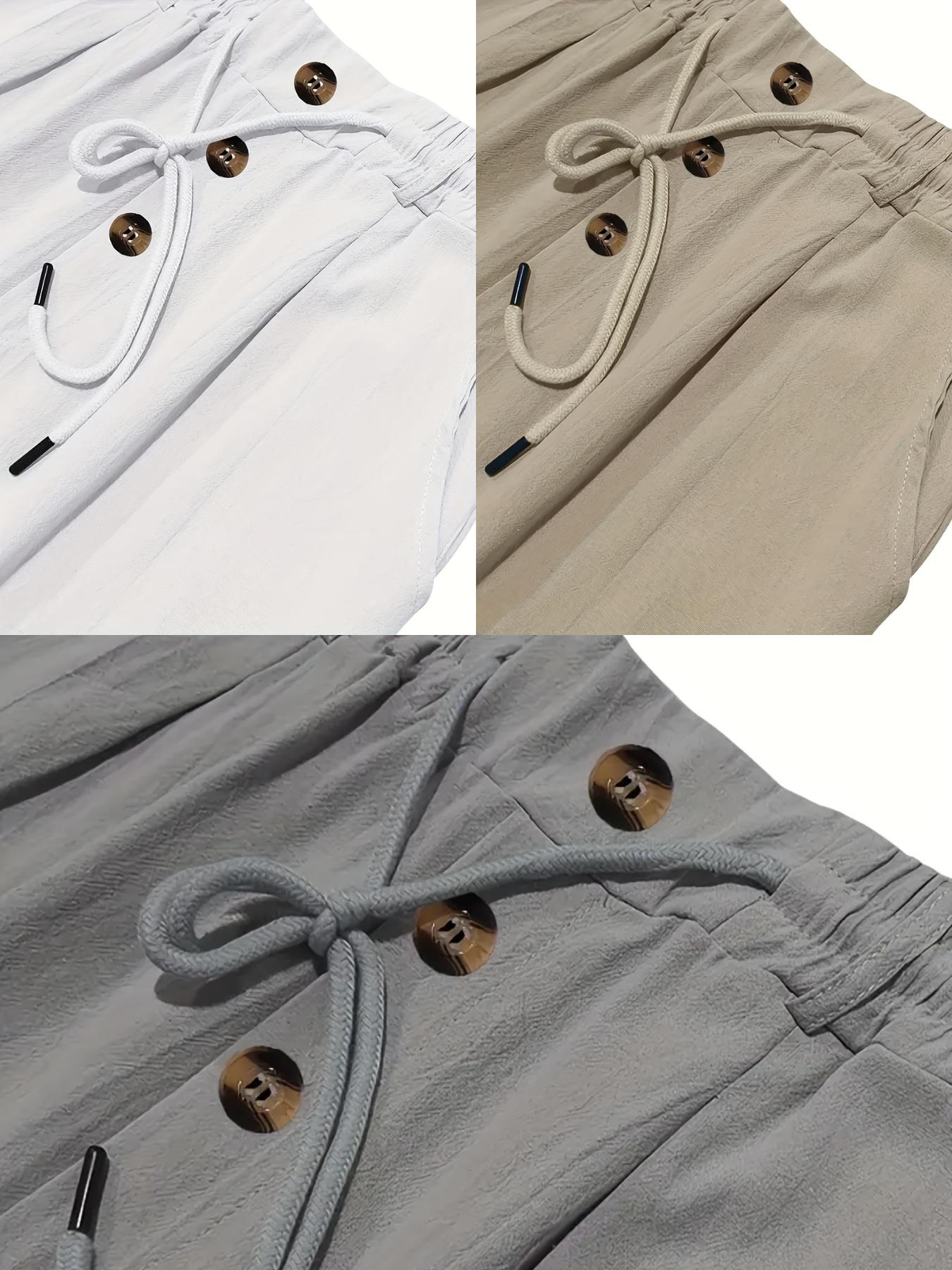 3 pieces of men's summer plain-color simple linen casual straight-leg trousers, Casual Solid Drawstring, beach-friendly lightweight breathable linen trousers, suitable for daily commuting and outdoor activities, vacations, beaches, Casual Fashion Pockets
