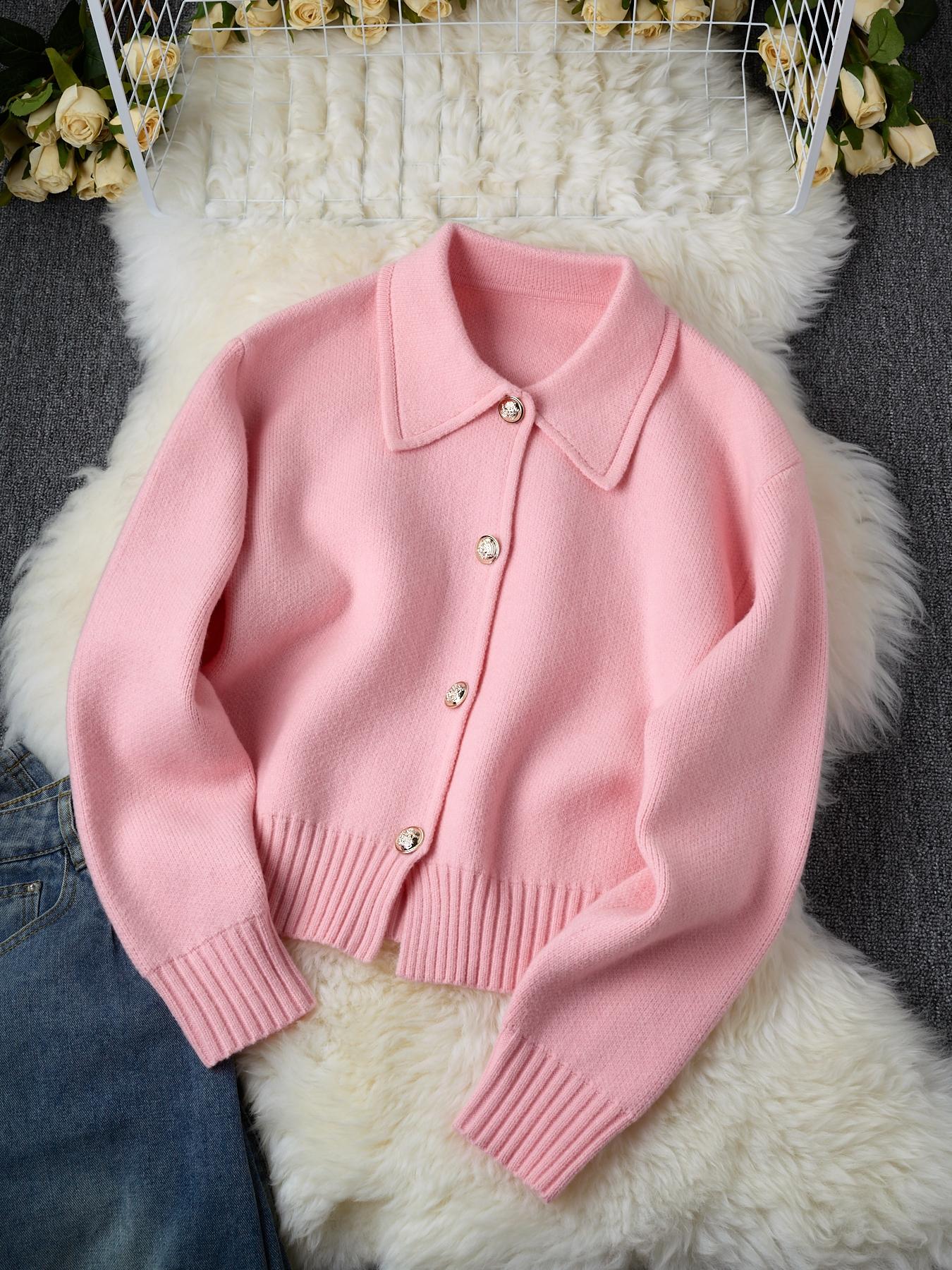 Elegant Women's Knit Cardigan, Short Sweater Coat, Lapel Collar, Ribbed Cuffs & Hem, Buttoned Design, Perfect for Fall & Winter