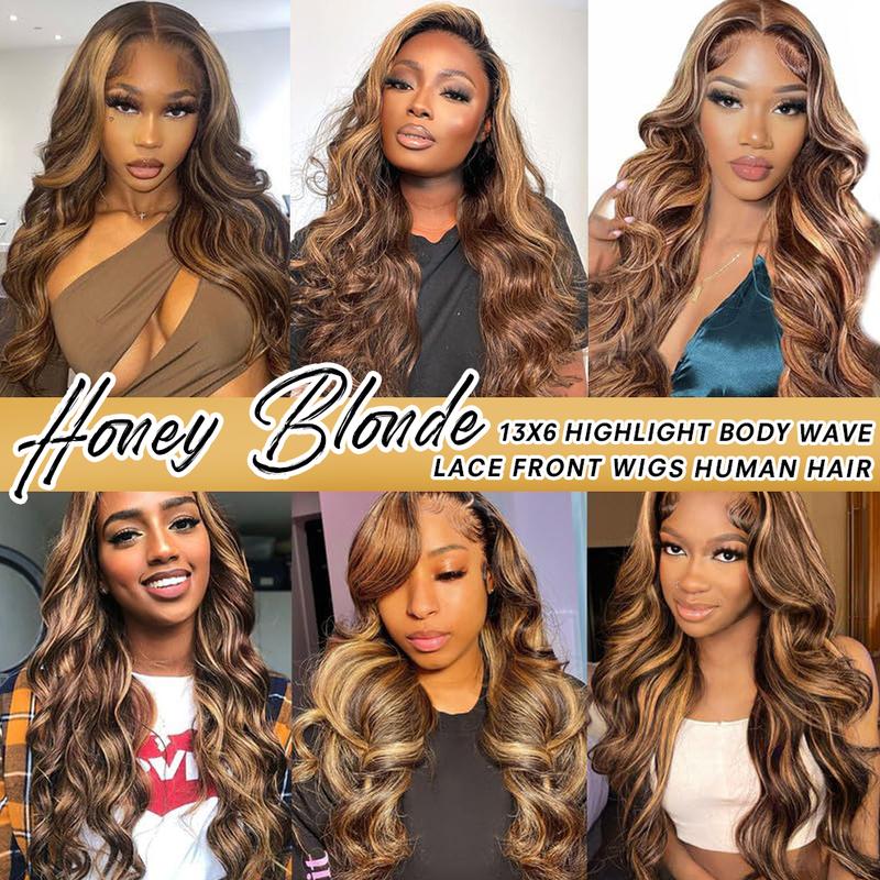 [30“=$89] Yilike Highlight Body Wave Lace Front Wigs Human Hair Honey Blond Ombre Wigs  Body Wave Wig Pre Plucked 13x6 HD Lace Front Wigs Human Hair P4/27 Colored for Women Honey Blonde Ombre Lace Front Wig Human Hair Highlight Body Wave