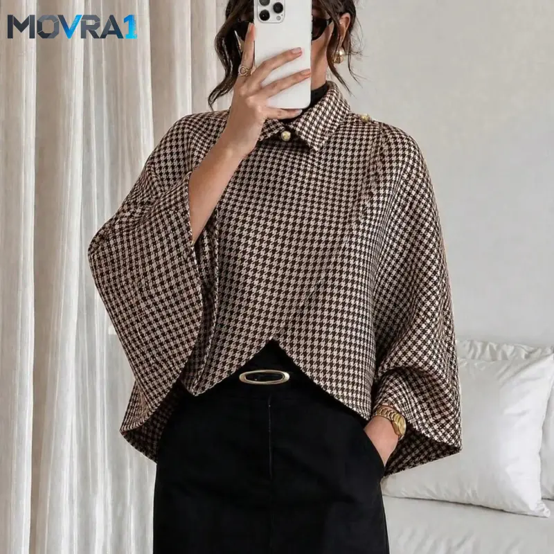 MOVRA1 Women's Fall Winter Plaid Coat, Batwing Sleeve Cape Jacket, Asymmetric Hem, Loose Fit, Casual Outerwear, Elegant Short Blazer