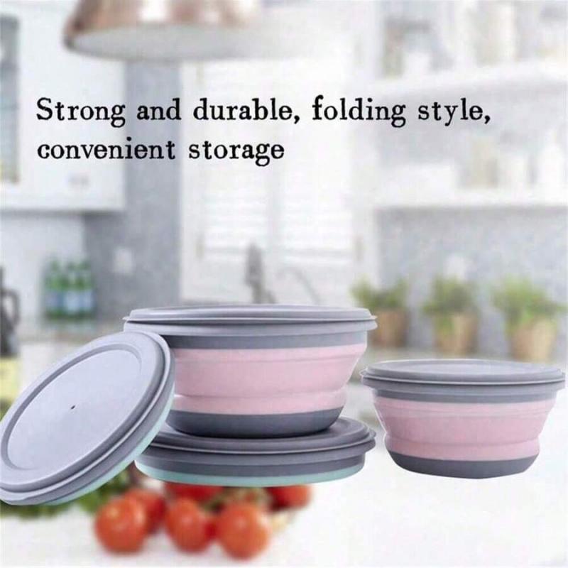 3-Piece Collapsible Silicone Bowl Set with Leak-Proof Lids, BPA-Free Stackable Food Storage Containers, Space-Saving Design, Great for Meal Preparation, Camping, Travel, Picnic and Daily Kitchen Storage