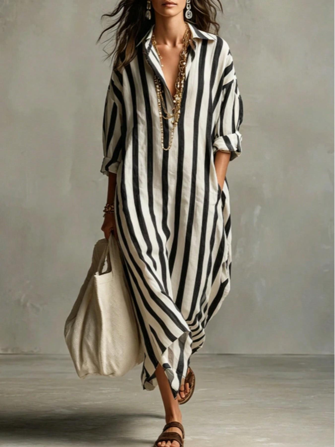 Summer Lightweight Loose Striped Long Shirt Dress, Casual Dress, Women's Comfortable Stylish Collared Three-Quarter Sleeve Pocket Dress, Comfortable and Stylish