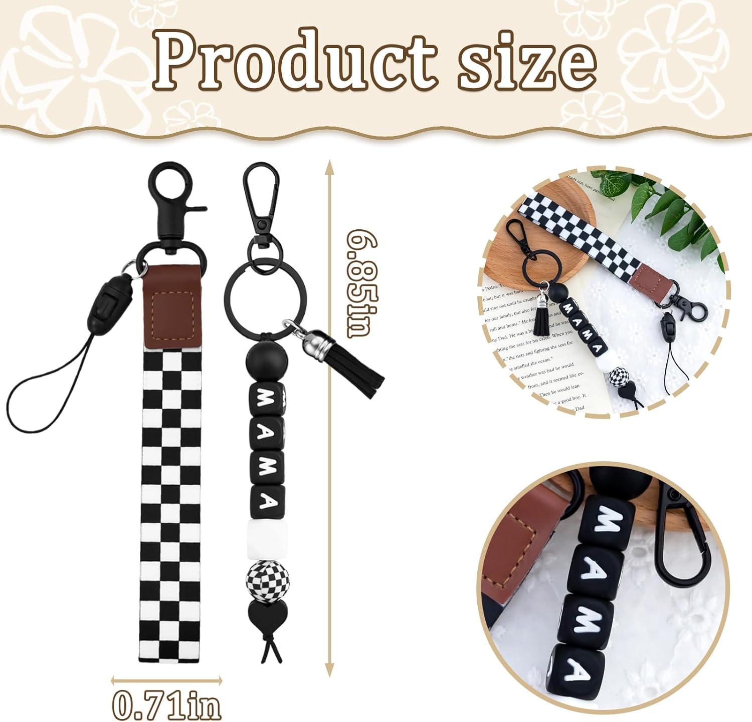 Black Checkered Mama Keychain, Wristlet Lanyard with Silicone Beads for Car Keys, Purse Charms, Backpack Accessories, Daily Carry, Mom Gifts and Fashion Key Holder
