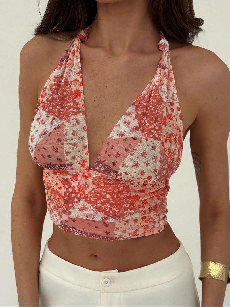 Women's Floral Print Halter Neck Top, Boho Sleeveless Cropped Top for Summer, Women's Clothing for Beach Holiday Vacation, Boho Sleeveless Tie Back Womenswear, Casual Boho Sleeveless