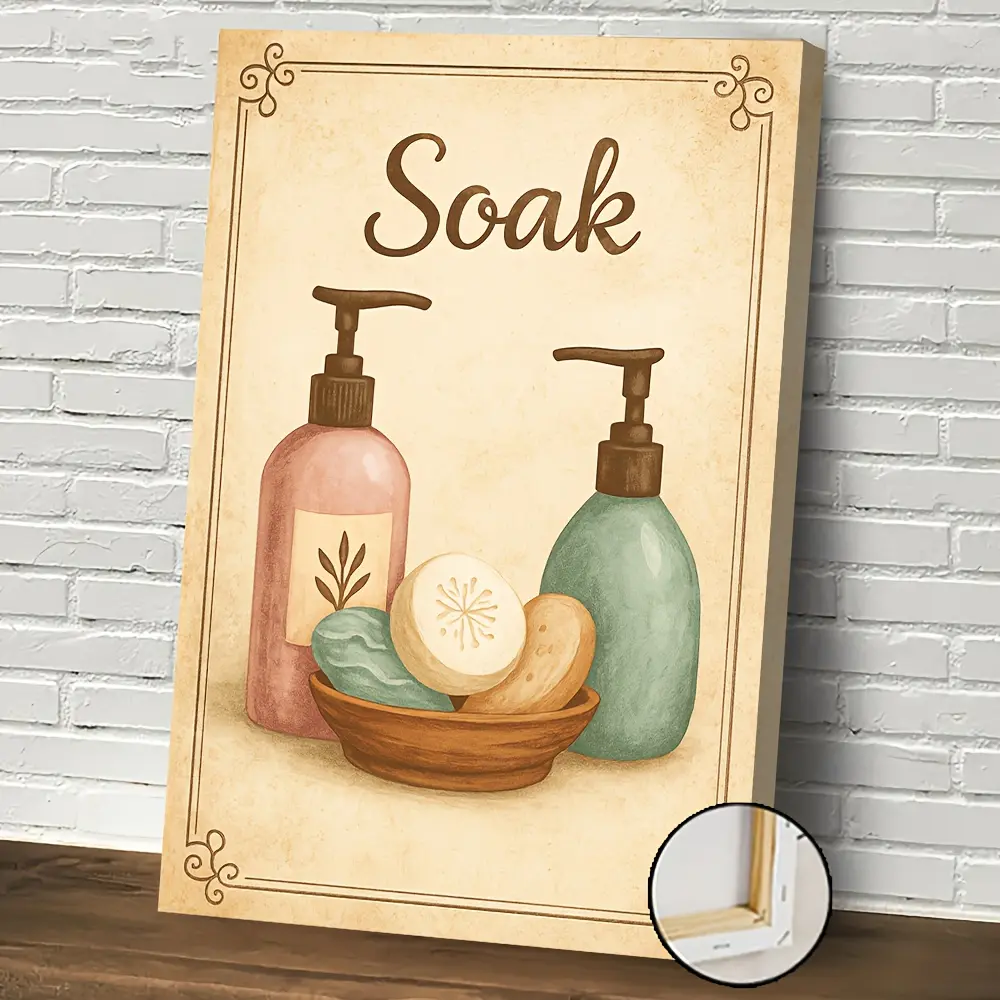 1pc Vintage Soap & Toiletries Oil Painting Wall Art - Pink & Green Bottles Bathroom Scene, Canvas with Easy-Hang Hook Suitable for Dorms, Bedrooms, Kitchens, Holiday & Retro Room Decor - Nostalgic Toiletry-Themed Décor