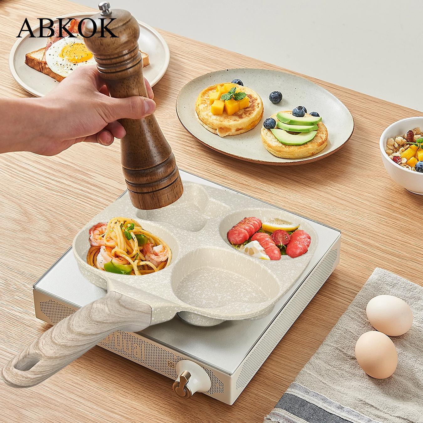 Abkok Four-Hole Non-Stick Egg Skillet Pan, Nonstick Egg Pan, Non Stick Cookware, 8–9-Inch Diameter, Ideal for Breakfast Eggs and Burgers, Durable Wooden Material Base with No-Handle Design