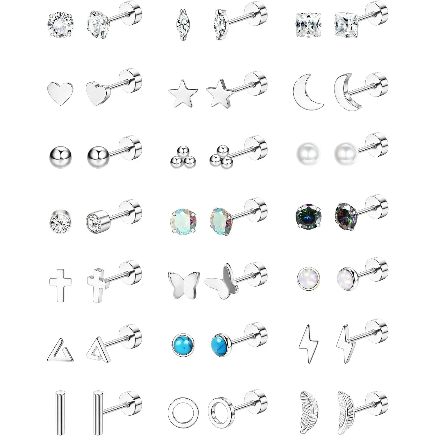 Jstyle Unisex Hypoallergenic Rustproof Surgical Steel Flat Back Earrings for Women - 21 Pairs Star/Moon/Pearl, CZ Studs Set in Black, Gold, Silver for Cartilage, Gift-Ready, Earring For Women, Cz Accents