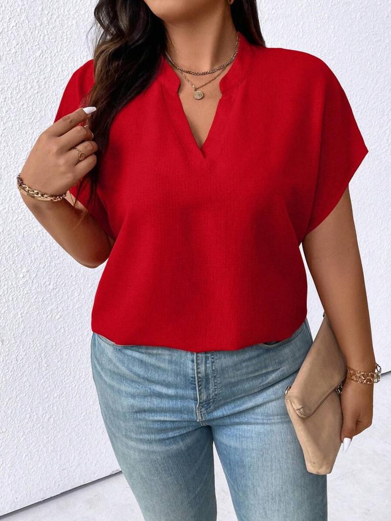 Plus Size Women's Solid Color V-Neck Batwing Sleeve Short Sleeve Casual Loose Fit Top, Comfortable and Stylish Everyday Wear